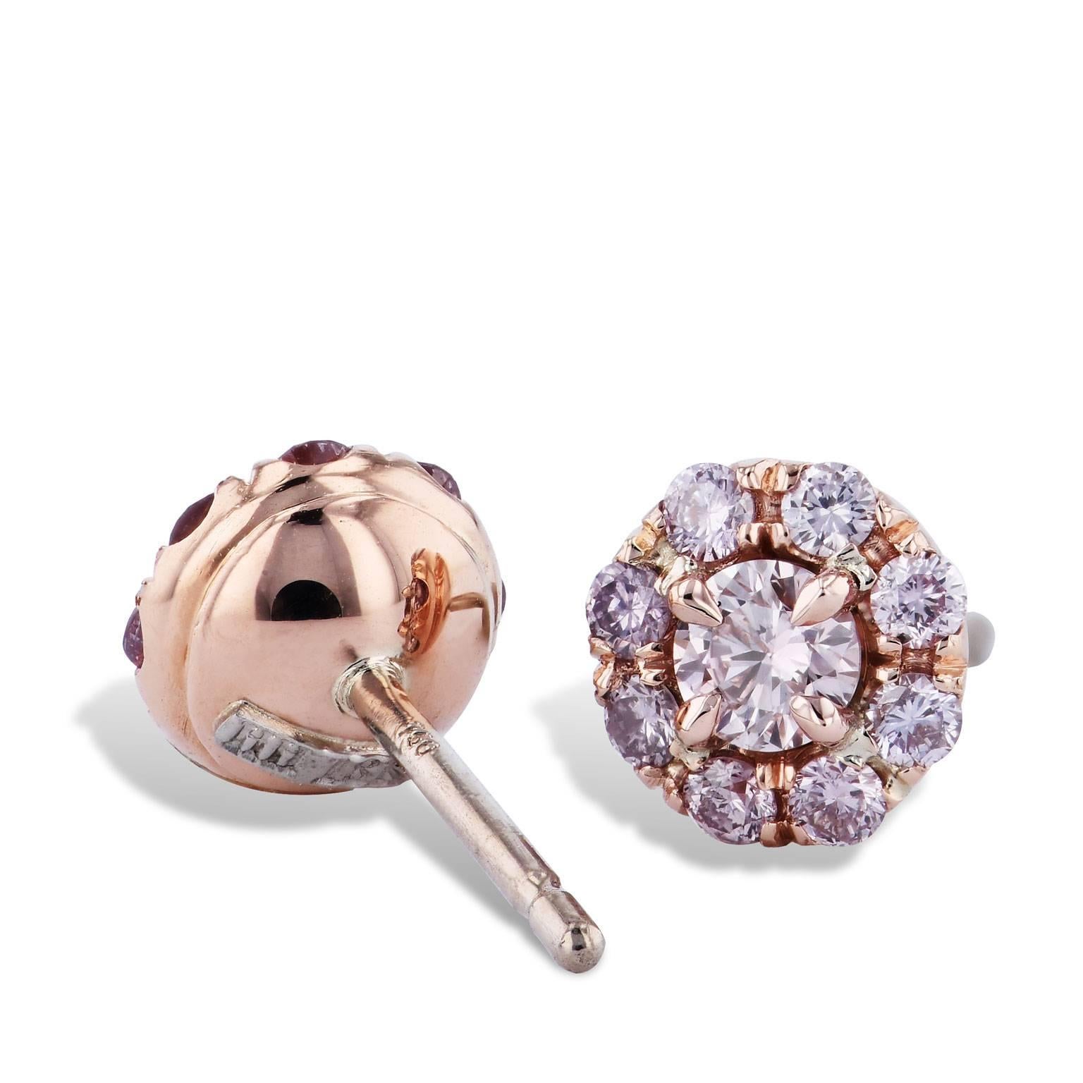 H&H 0.60 Carat Pink Diamond Rose Gold Stud Earrings

These earrings handmade are one of a kind and made by H&H Jewels.  
They are made of 18 karat rose gold that acts as a backdrop to a beautiful sea of 0.60 carat of pink diamond pave.
These pink