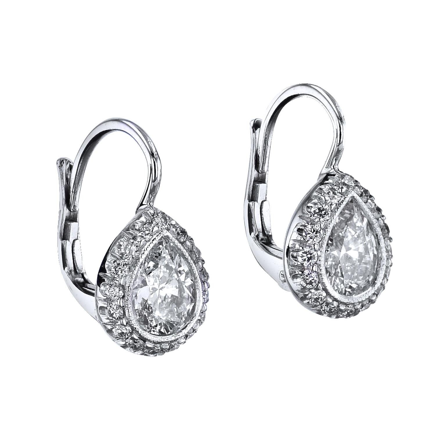 Pear Cut 1.06 Carat Pear Shaped and Pave Set Diamonds in 18 kt Gold Lever-Back Earrings