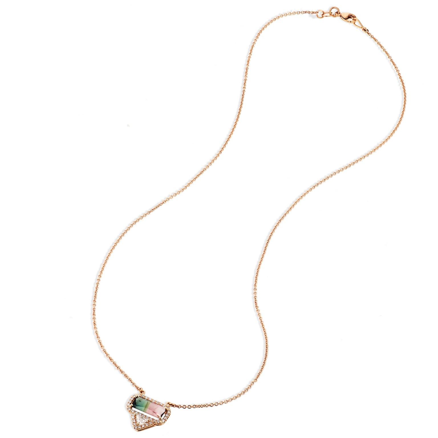 1.45 Bi-Color Tourmaline and Diamond Pave 18 karat Rose Gold Pendant Necklace In New Condition In Miami, FL