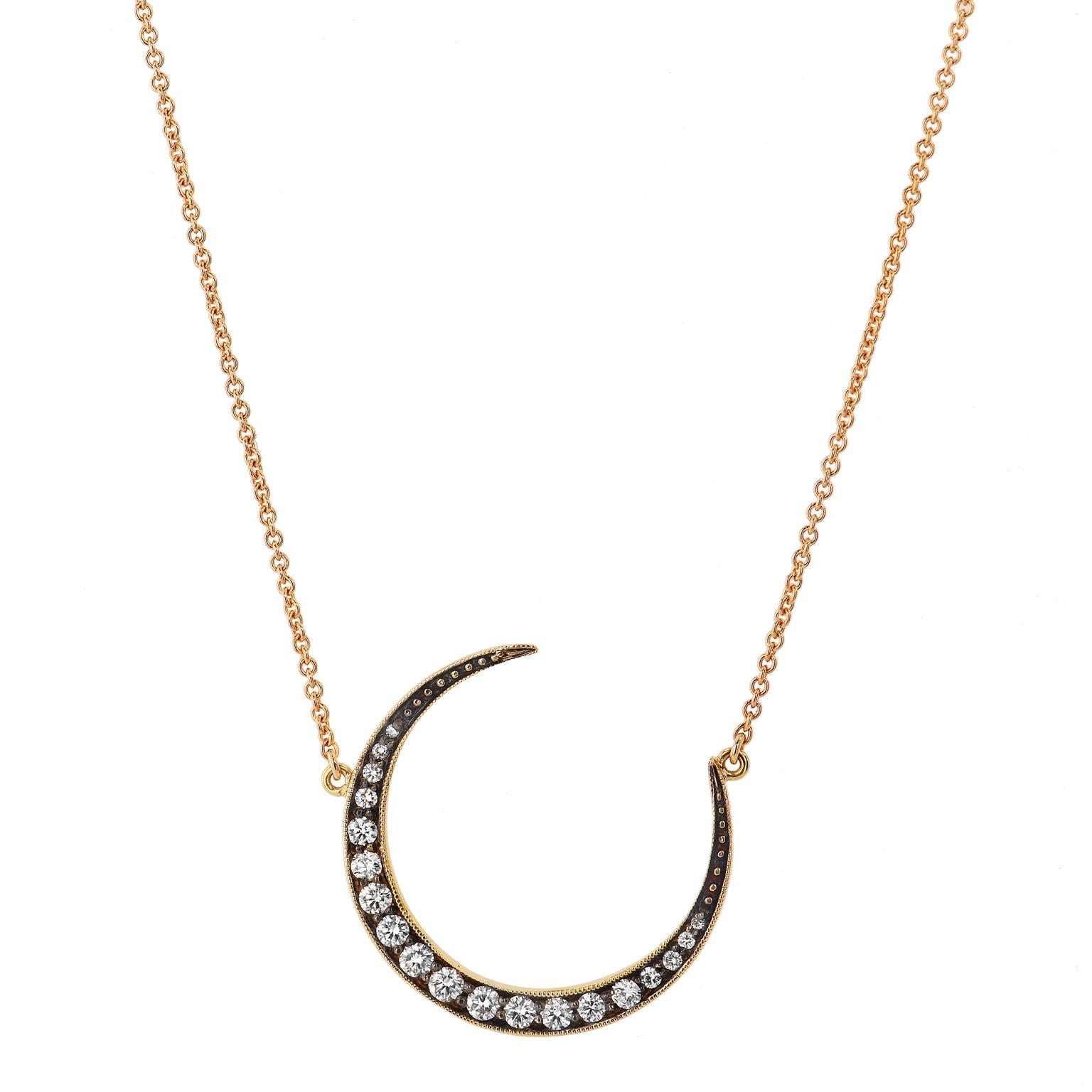 Round Cut 18 Karat Yellow Gold 0.43 Carat Diamond Crescent Moon Pendant Necklace Handmade 