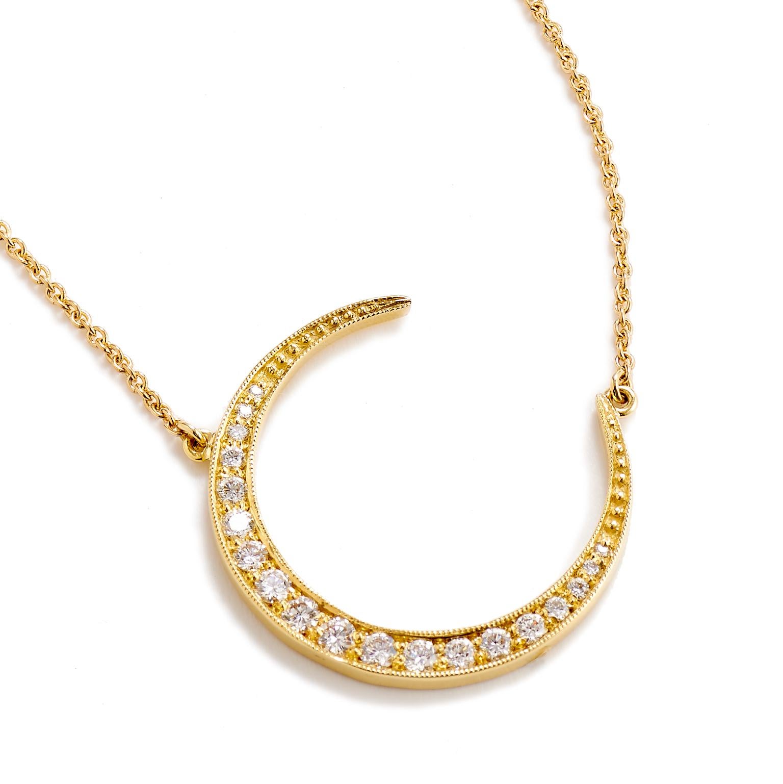 18 Karat Yellow Gold 0.43 Carat Diamond Crescent Moon Pendant Necklace Handmade  In New Condition In Miami, FL