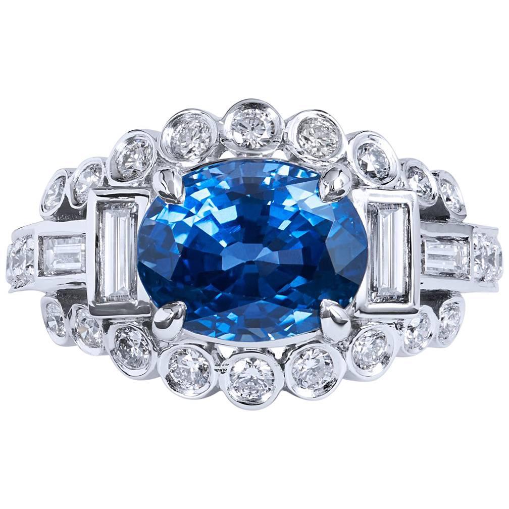 H & H 3.74 Carat Oval Ceylon Blue Sapphire and Diamond Ring