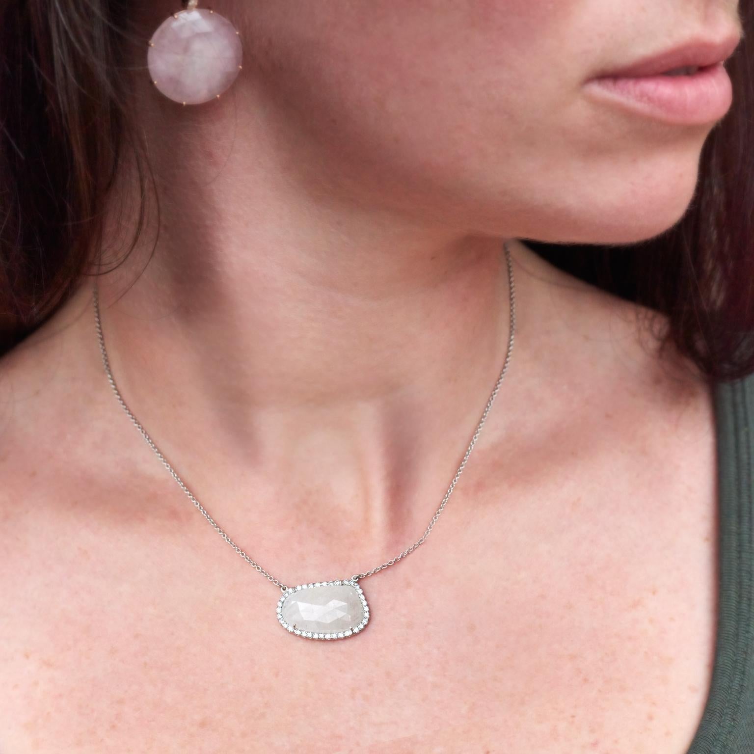9.99 Carat White Sapphire Slice with Diamond Halo Pendant  Necklace 18 karat  In New Condition In Miami, FL