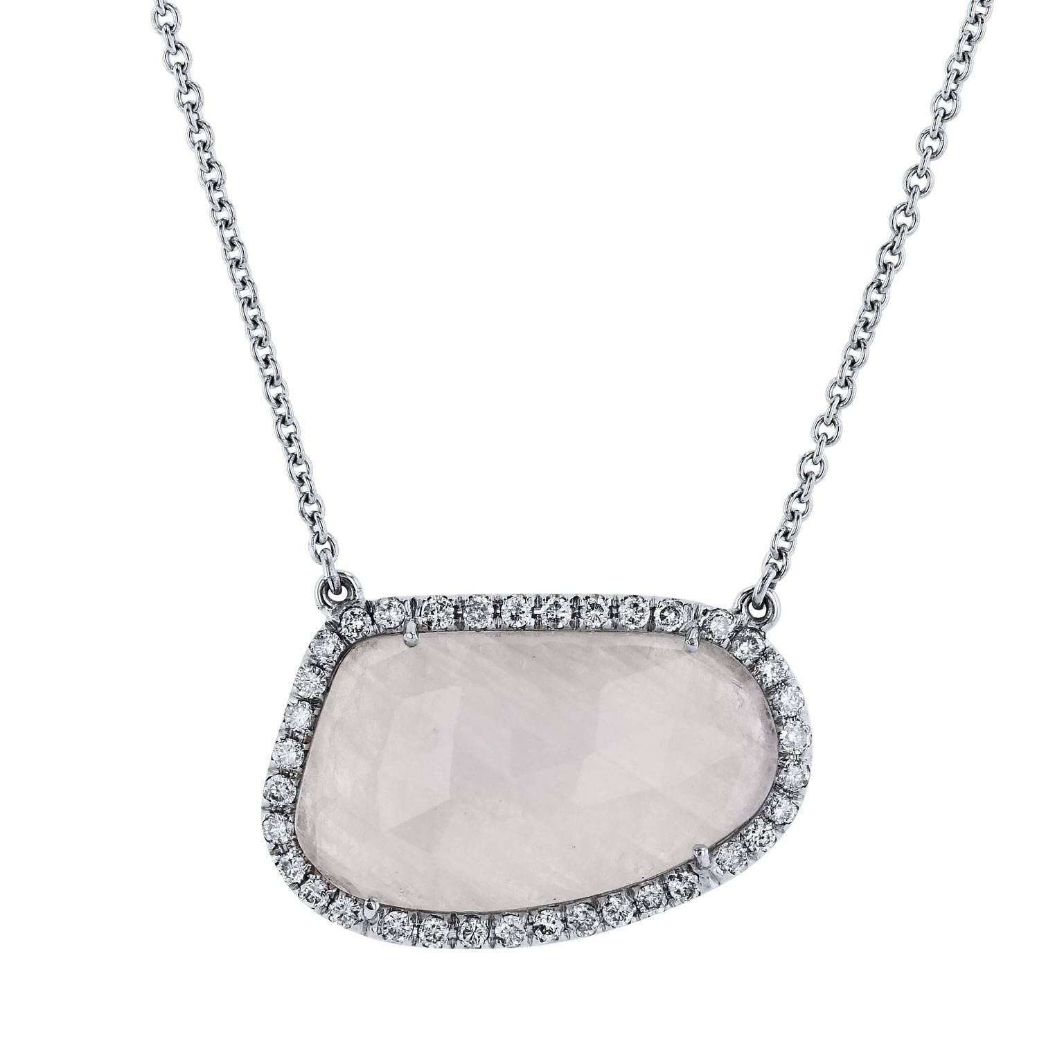 9.99 Carat White Sapphire Slice with Diamond Halo Pendant  Necklace 18 karat 