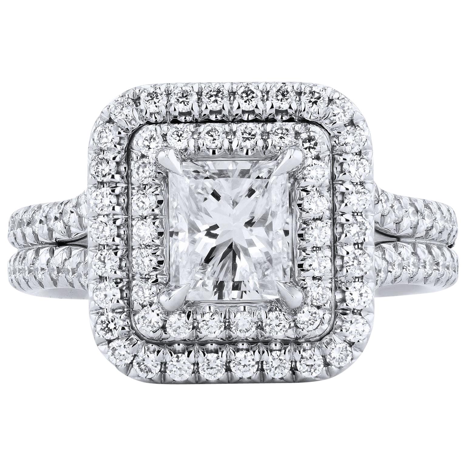 GIA Certified 1 Carat Radiant Cut Double Halo Diamond & Platinum Engagement Ring