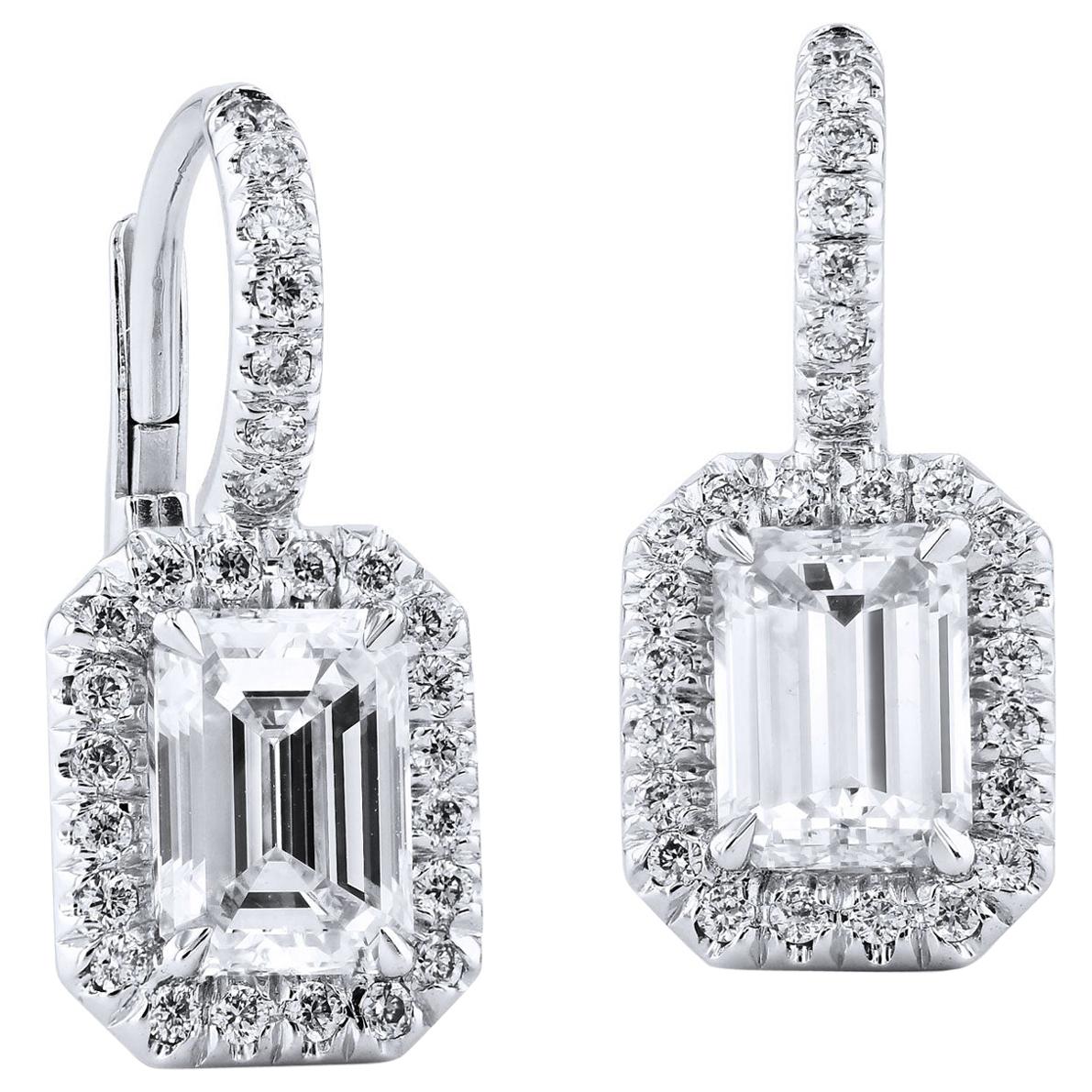 GIA Certified 1.81 carat total weight Emerald Cut Diamond White Gold Earrings 