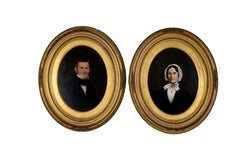 Portraits of a man and Woman Circa 1850-1860 Original Oil on Paper