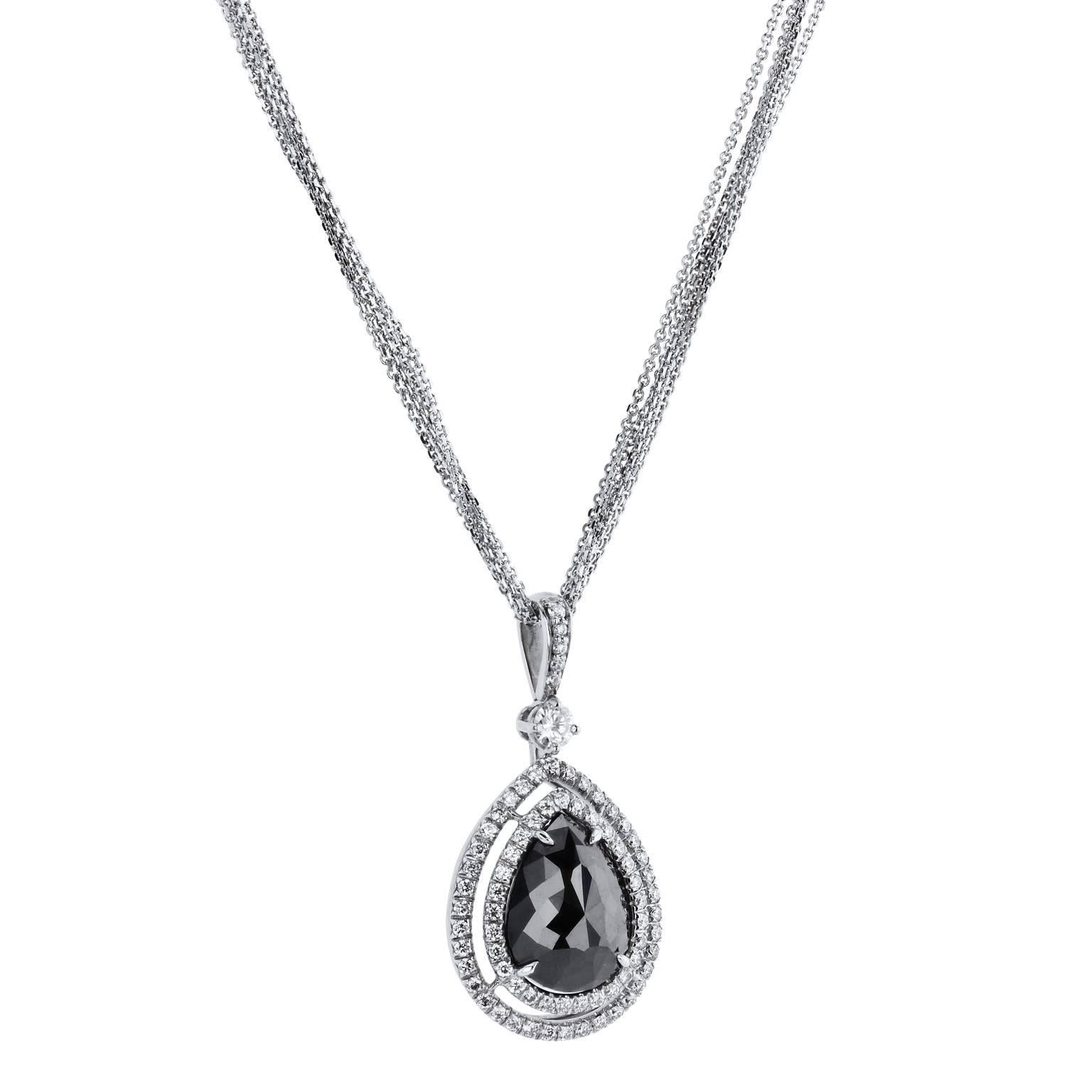 Femininity and mystery exude from this handmade H and H 18 karat white gold and pear shape rose cut black diamond pendant necklace. An impressive 3.79 carat pear-shaped rose cut black diamond is set at center in four prong setting. To further