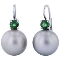 Tahitian Grey Pearl and Tsavorites Lever-Back Earrings in 18 karat White Gold