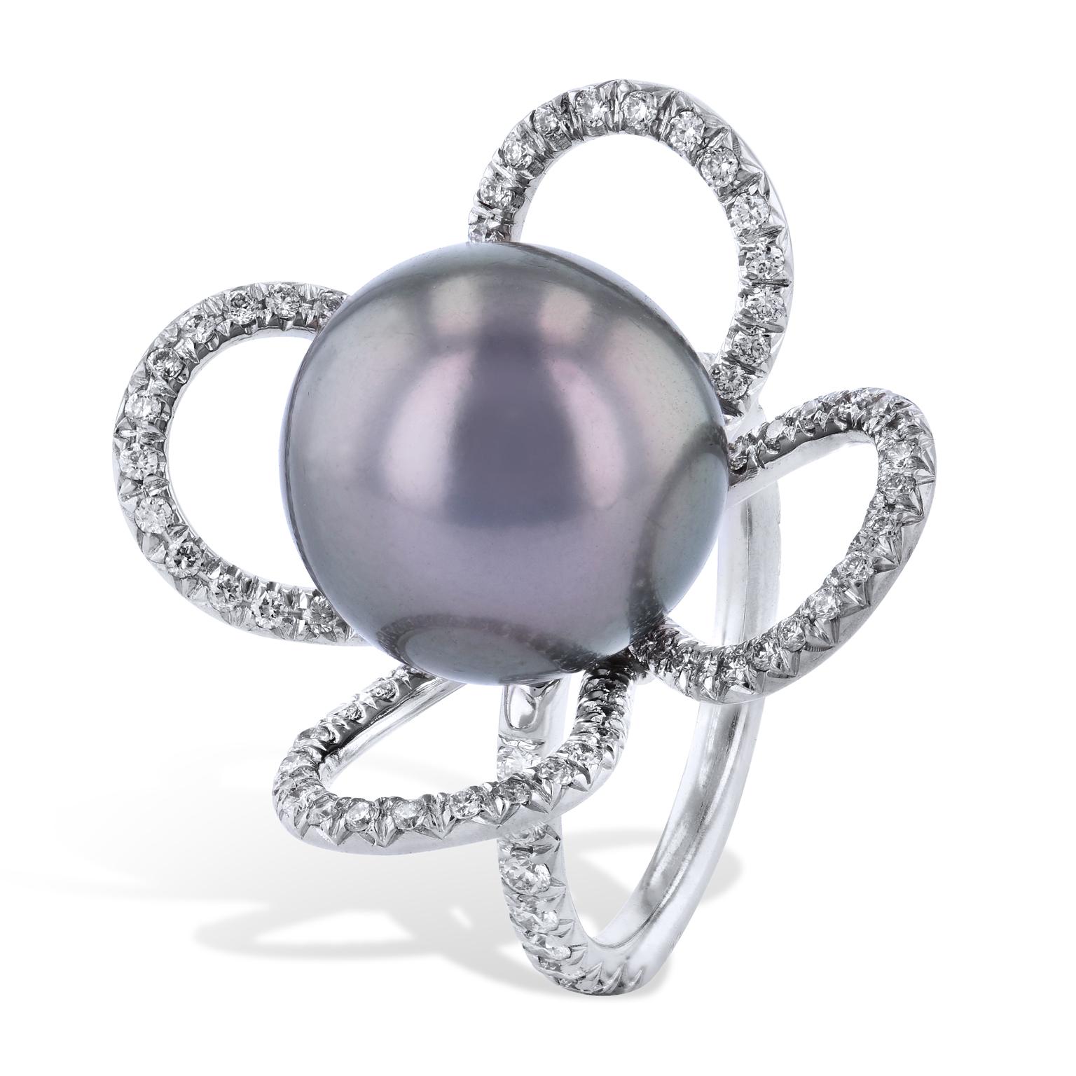Round Cut Tahitian Pearl and Diamond Petal 18 kt White Gold Fashion Cocktail Ring Size 5.5 For Sale