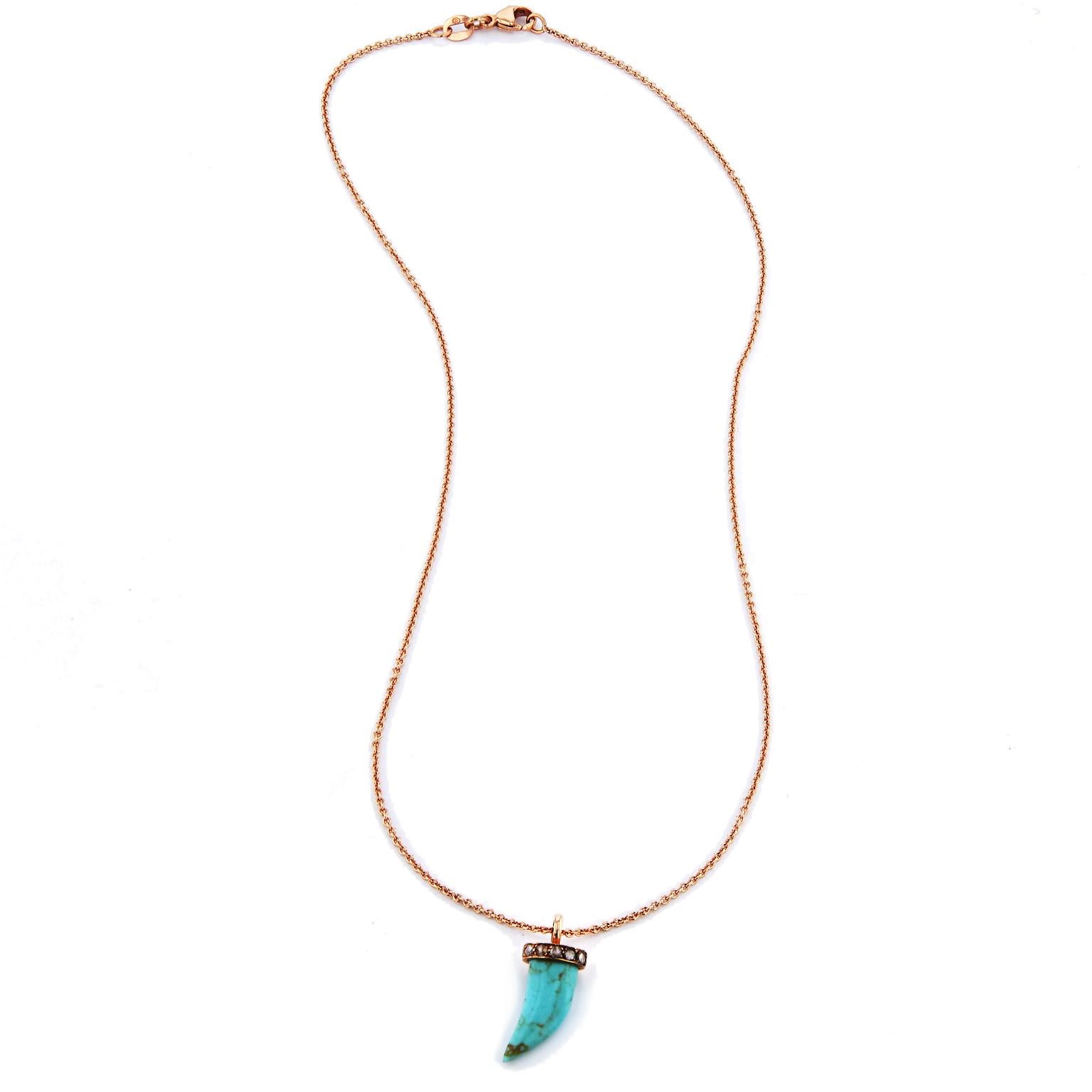 Turquoise Horn with 0.10 Carat Diamond Pave 18 karat Rose Gold Pendant Necklace In New Condition In Miami, FL