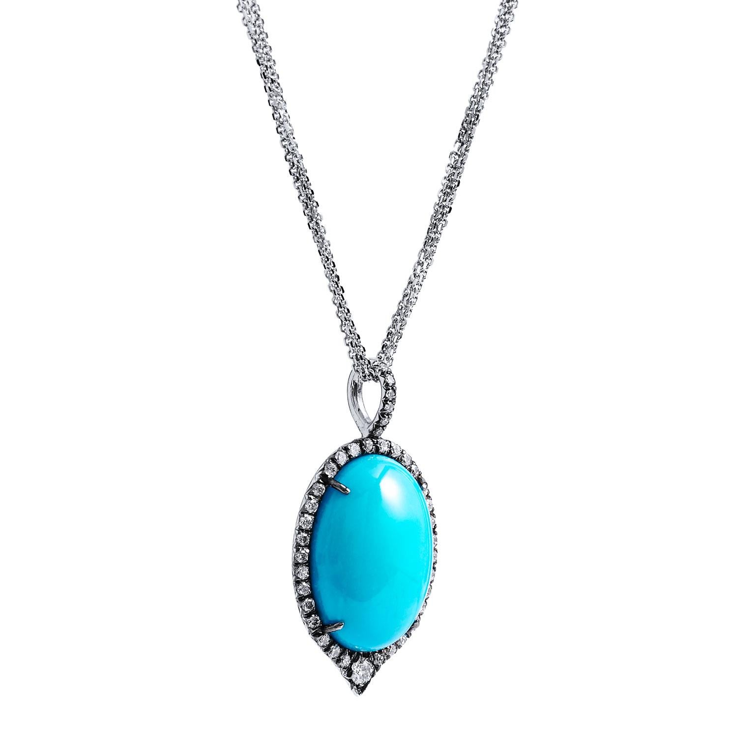 H&H Handmade Turquoise White Gold Diamond Pendant Necklace In New Condition For Sale In Miami, FL