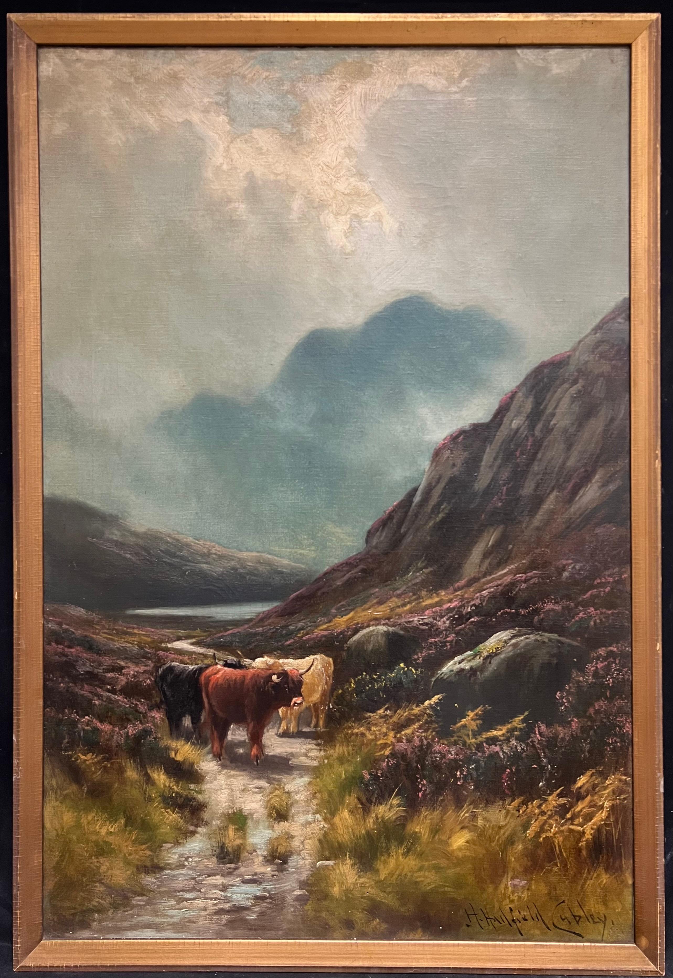 Antiguo Óleo Escocés Sendero de las Tierras Altas con Ganado Paisaje Atmosférico - Painting de H. Hadfield Cubley