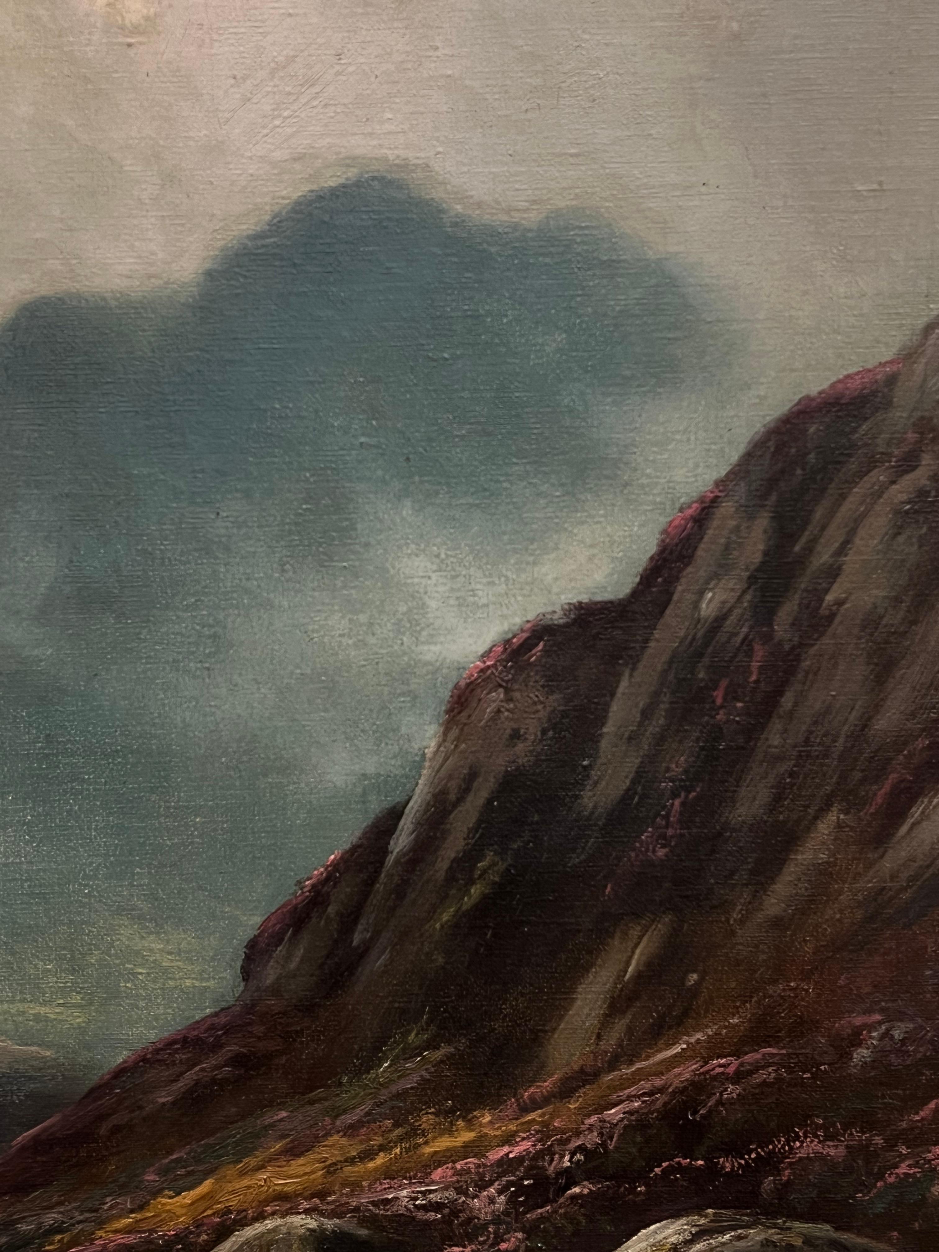 Antiguo Óleo Escocés Sendero de las Tierras Altas con Ganado Paisaje Atmosférico - Painting Victoriano de H. Hadfield Cubley