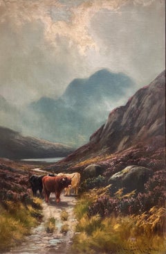 Peinture à l'huile écossaise ancienne représentant un chemin de fer Highland avec un paysage atmosphérique