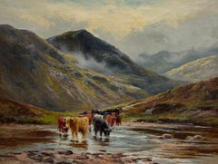 Highland Cattle Crossing River Mountain Landscape Scottish Framed Oil Painting