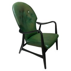 H Hans Schubell Einfacher Stuhl mit grünem Leder, Dänemark 1950 