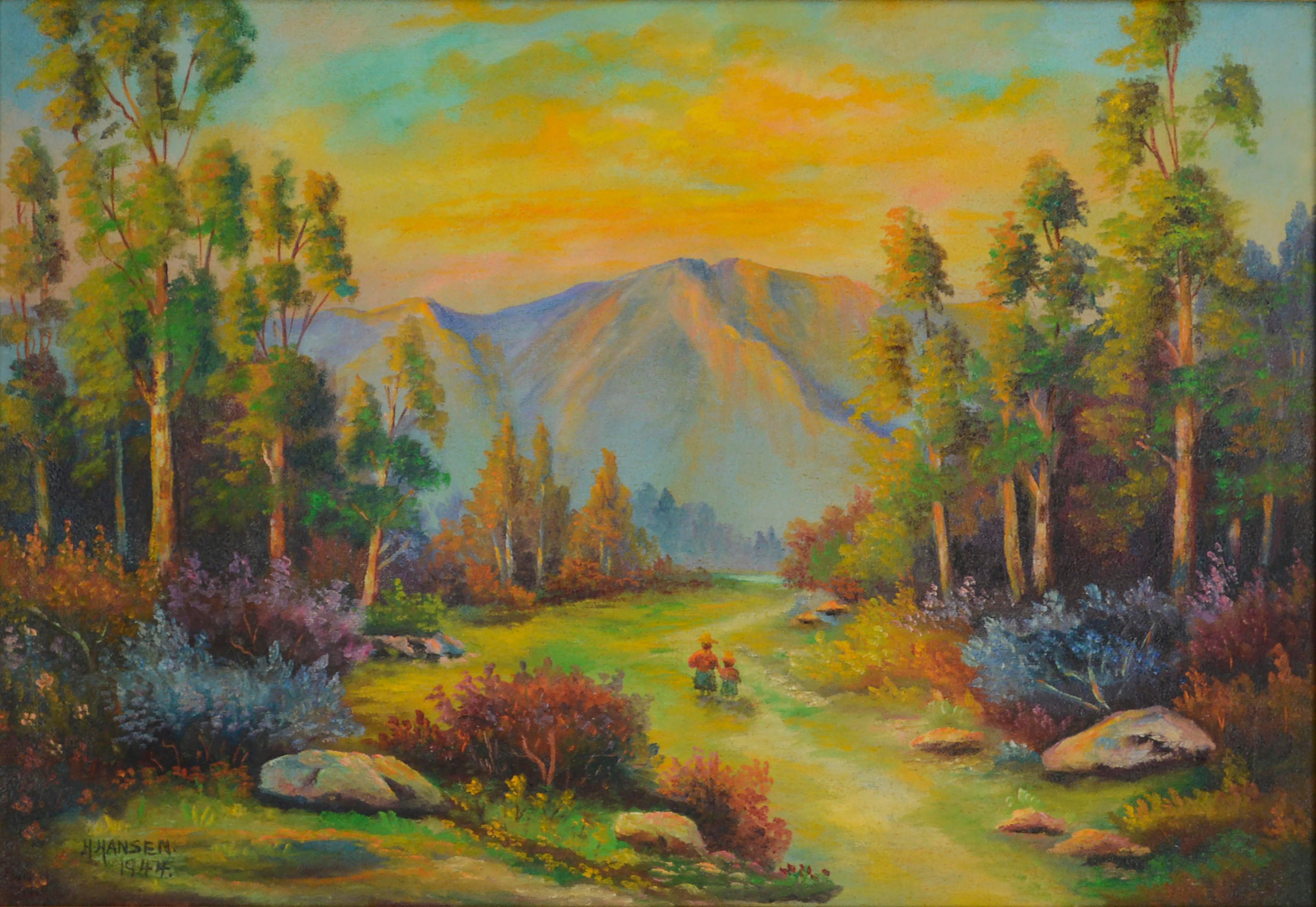 1940's San Ynez Valley Indian Trail Sunset - Painting by H. Hansen
