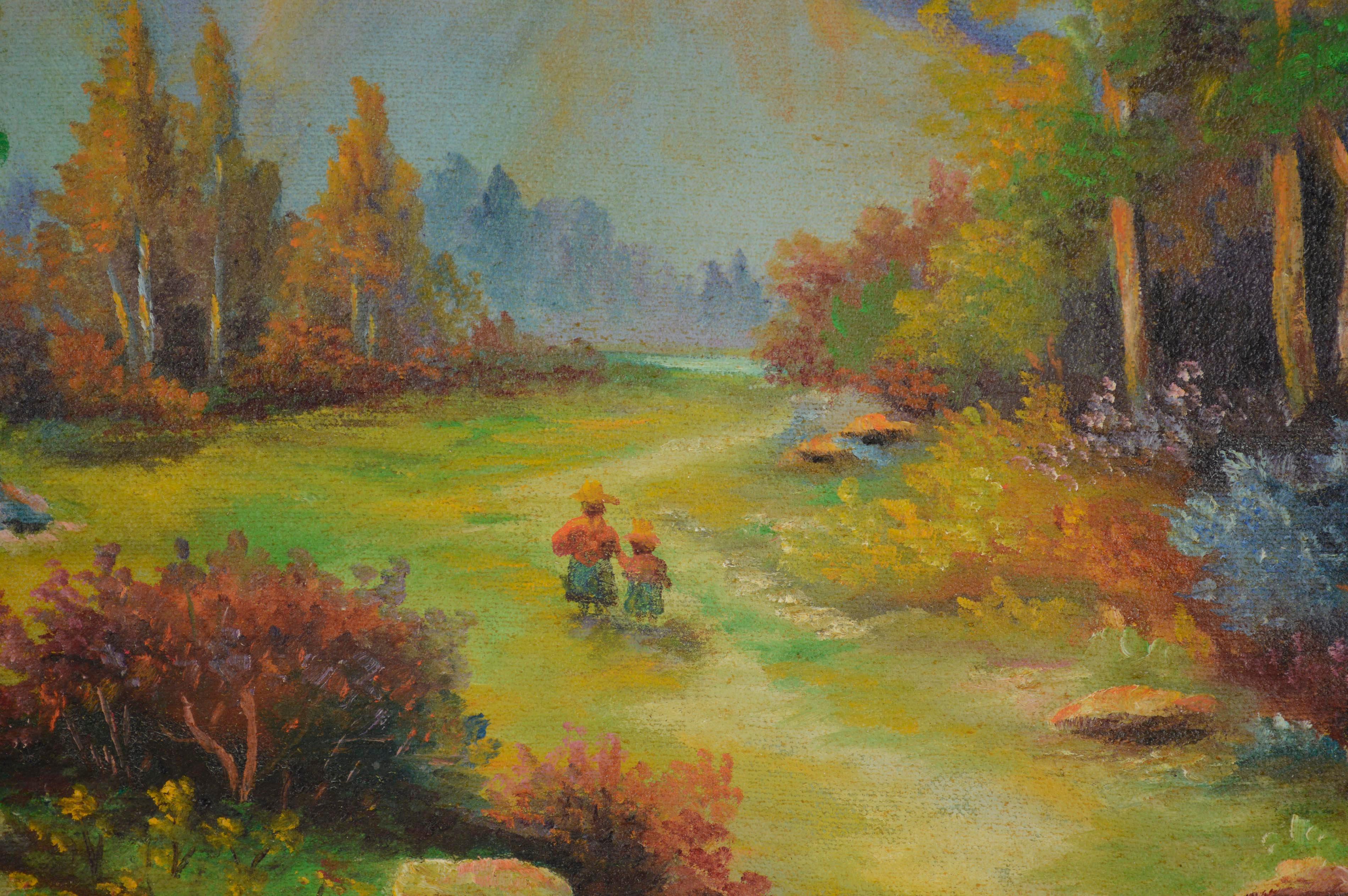 Vibrant mid century California landscape of the beautiful San Ynez Valley Indian Trail with Native American children walking towards the sunset by H. Hansen (American, 20th Century), 1944. The small figures walk through a majestic, sprawling