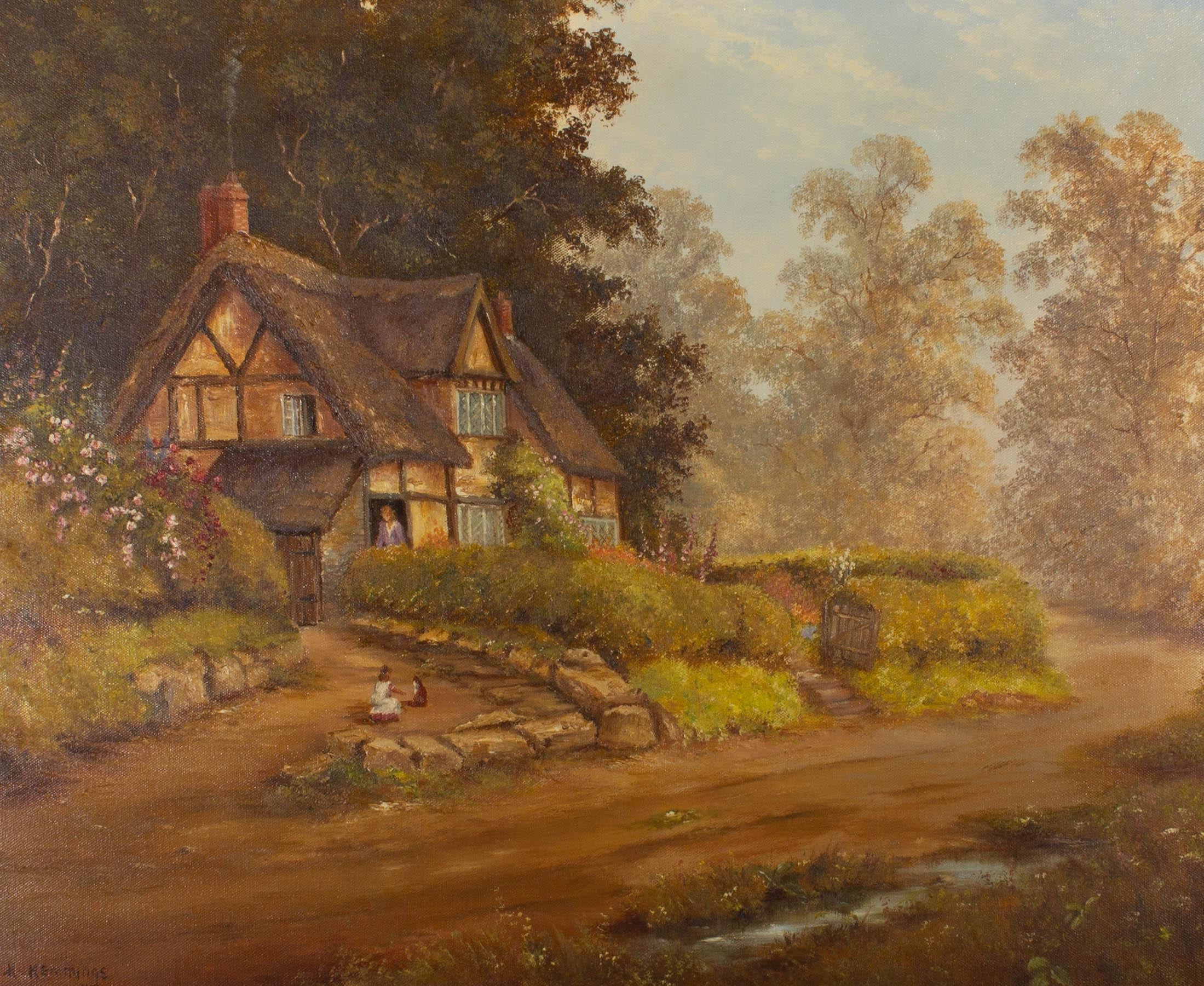 A delightful scene depicting a thatched cottage on a country lane with a beautiful garden. Signed to the lower left. Well presented in a decorative gilt frame. On canvas on stretchers.

