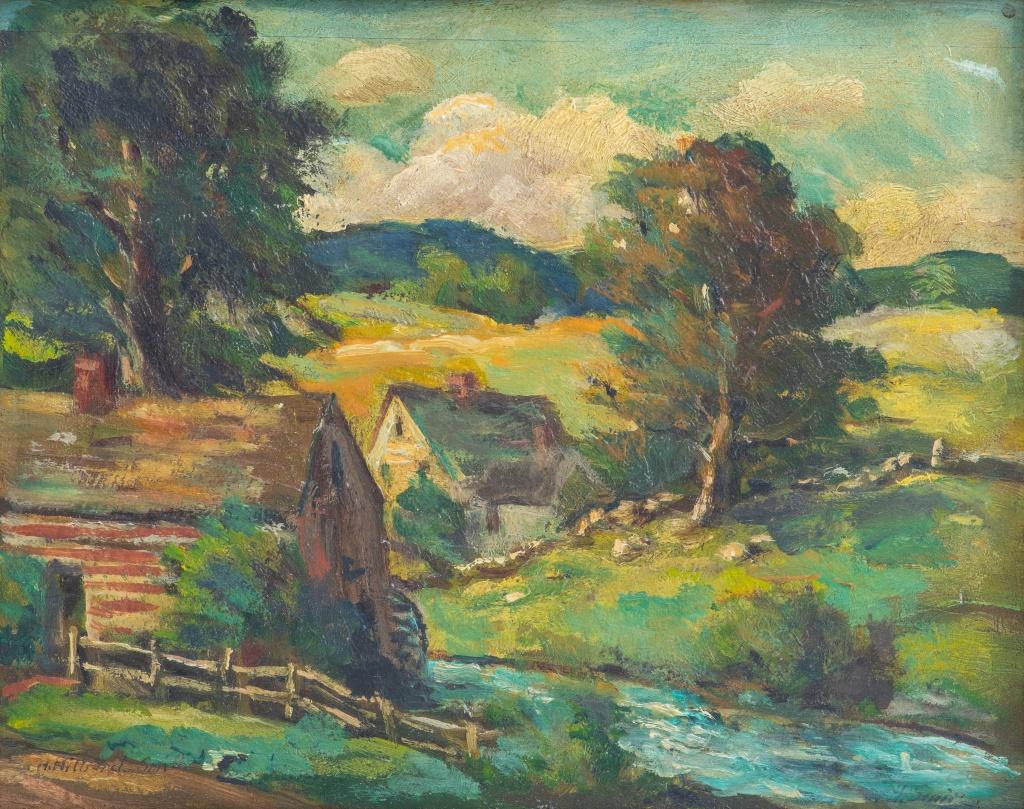H. Hilliard Smith (American, 1871-1948) Impressionist oil on wood panel board painting depicting a country landscape with a white farm house, red barn, and sheep at pasture, rural landscape with rolling hills in the background, signed lower left,