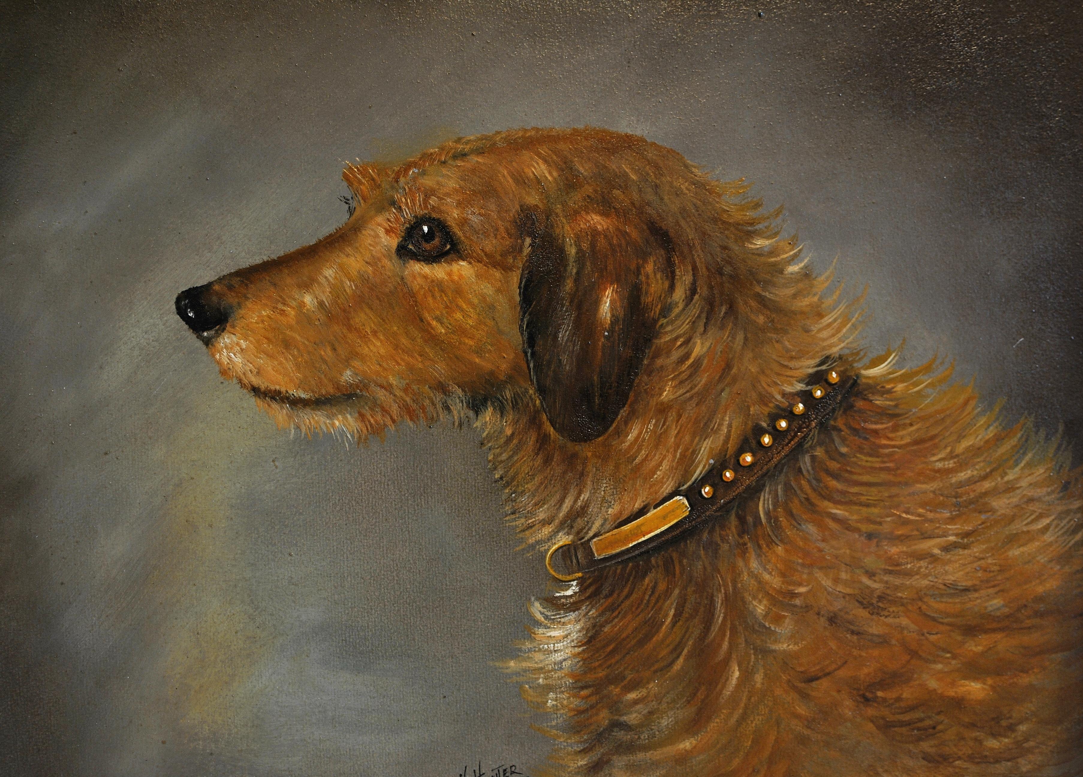 Portrait of a Terrier - Early 20th Century Antique Oil on Board Dog Painting - Brown Animal Painting by H. Hunter