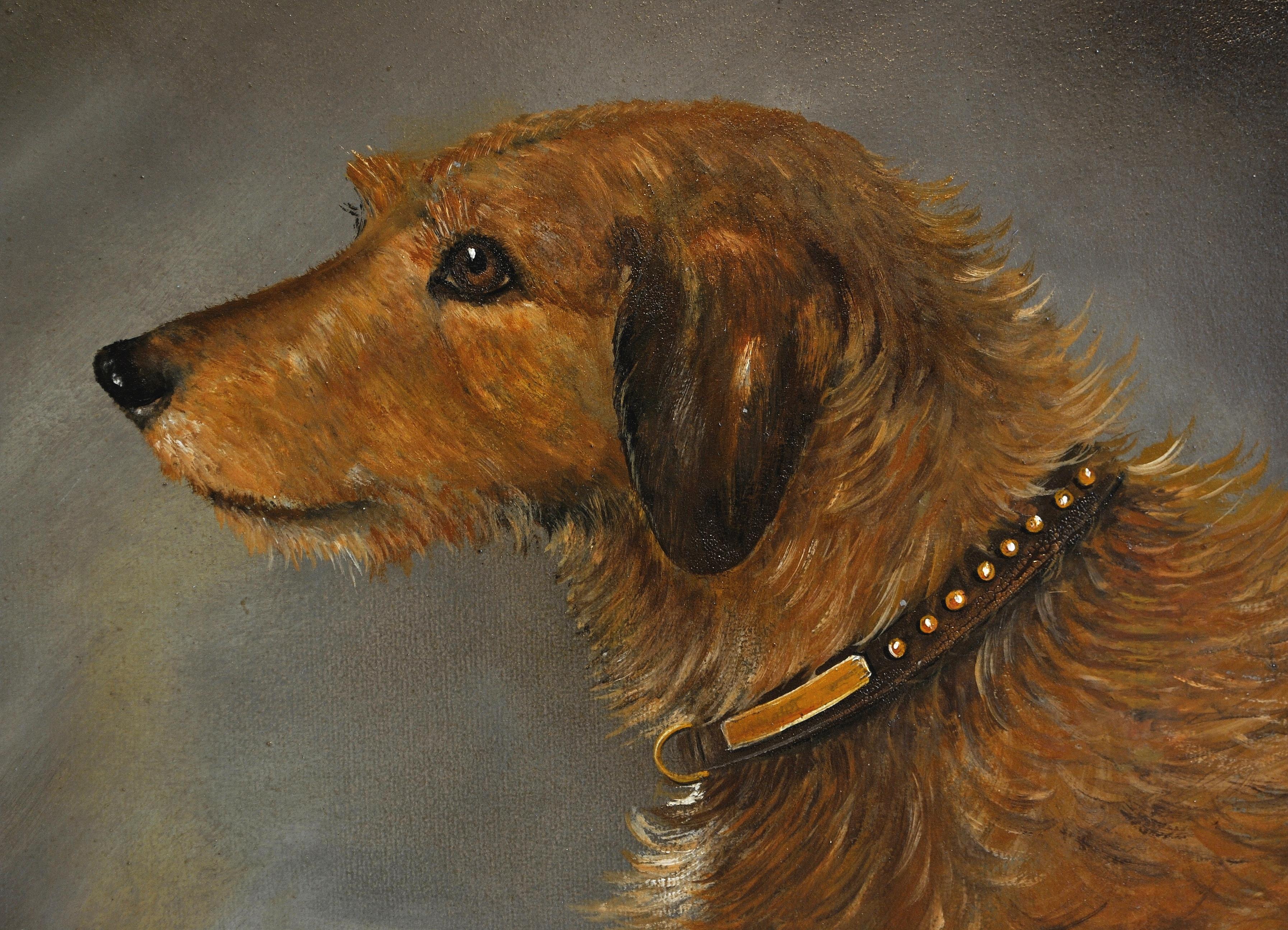 A lovely signed and dated 1934 oil on board portrait of a terrier dog by H. Hunter. Excellent quality study of the terrier wearing a leather collar with gold studs and nameplate. Signed lower centre and presented in a gilt frame.

Artist: H. Hunter