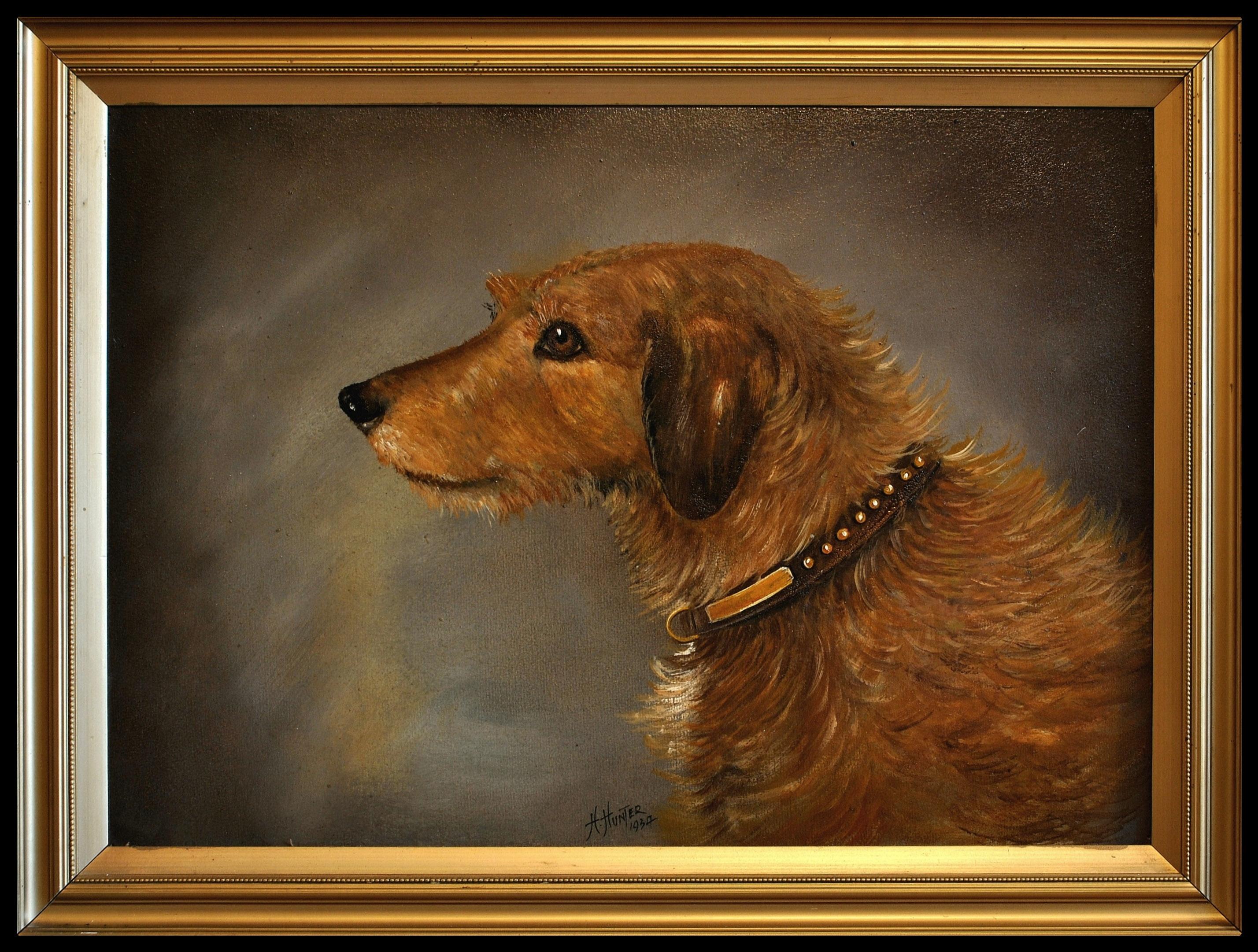 H. Hunter Animal Painting - Portrait of a Terrier - Early 20th Century Antique Oil on Board Dog Painting