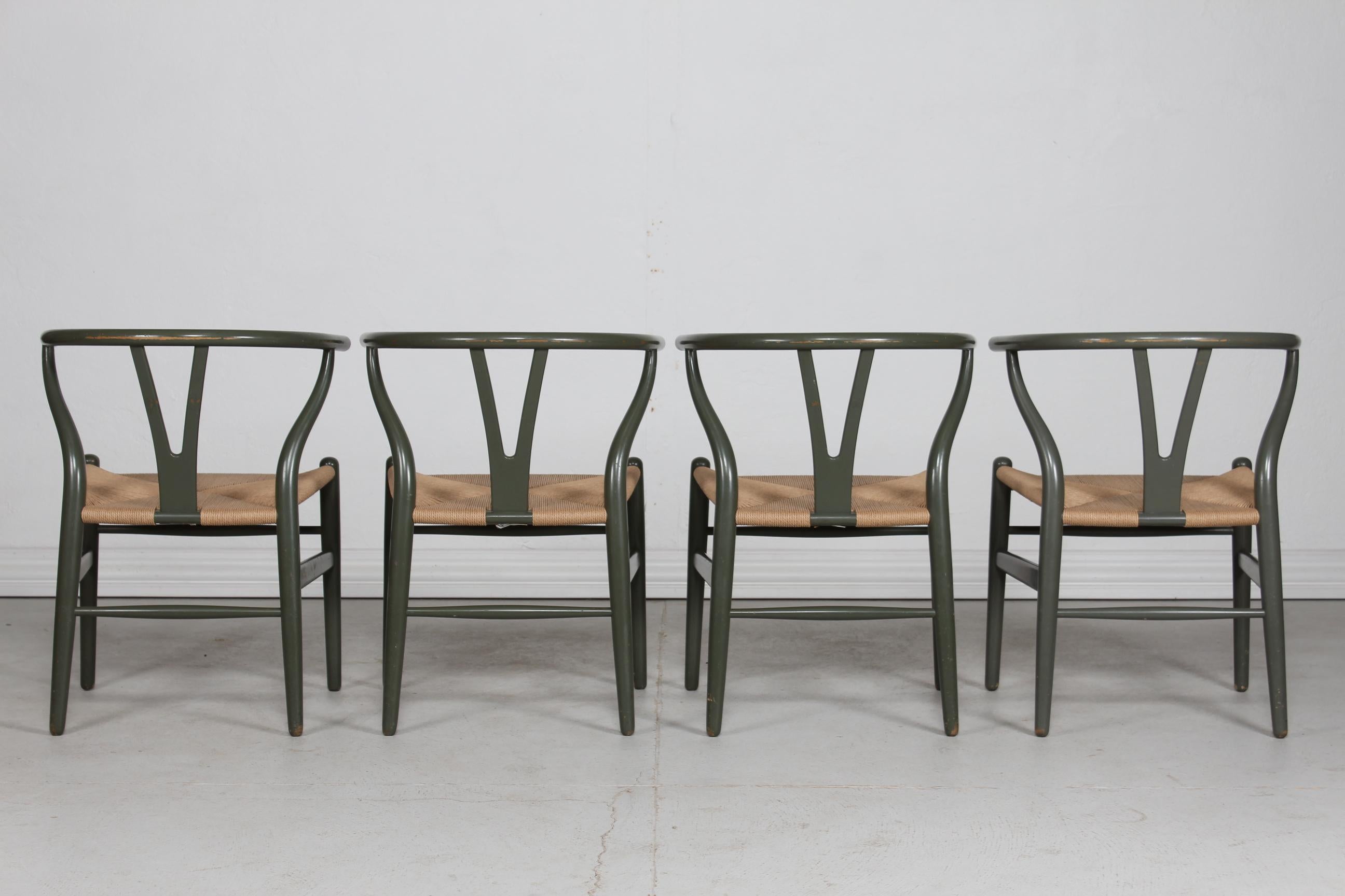 Woodwork H. J. Wegner Set of 4 Wishbone Chairs CH 24, Green by Carl Hansen & Son, 1970s