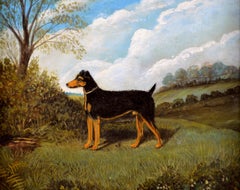 Terrier in a Landscape - 19th Century Antique British Folk Art Dog Oil Painting