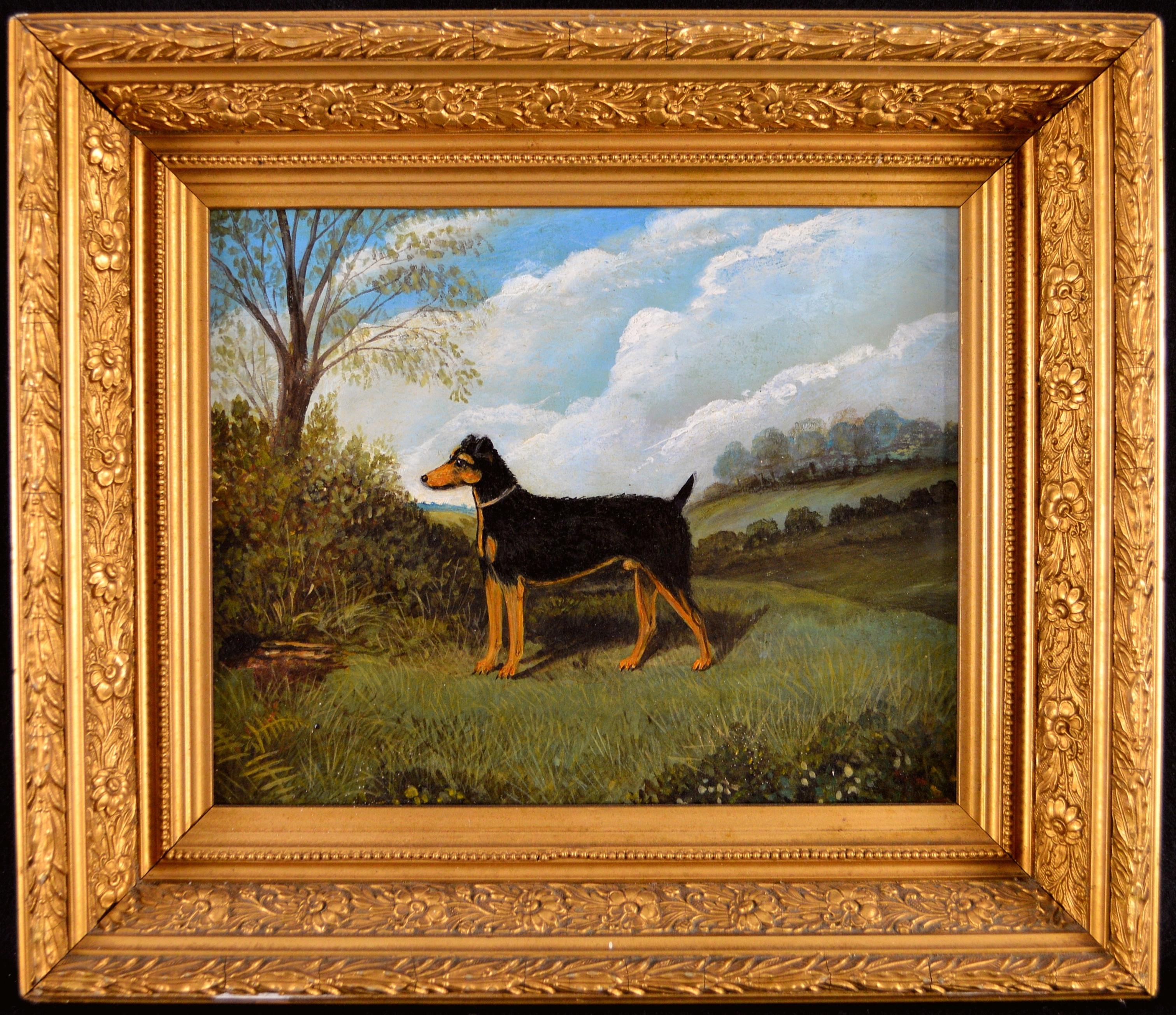 Terrier in a Landscape - 19th Century Antique British Folk Art Dog Oil Painting