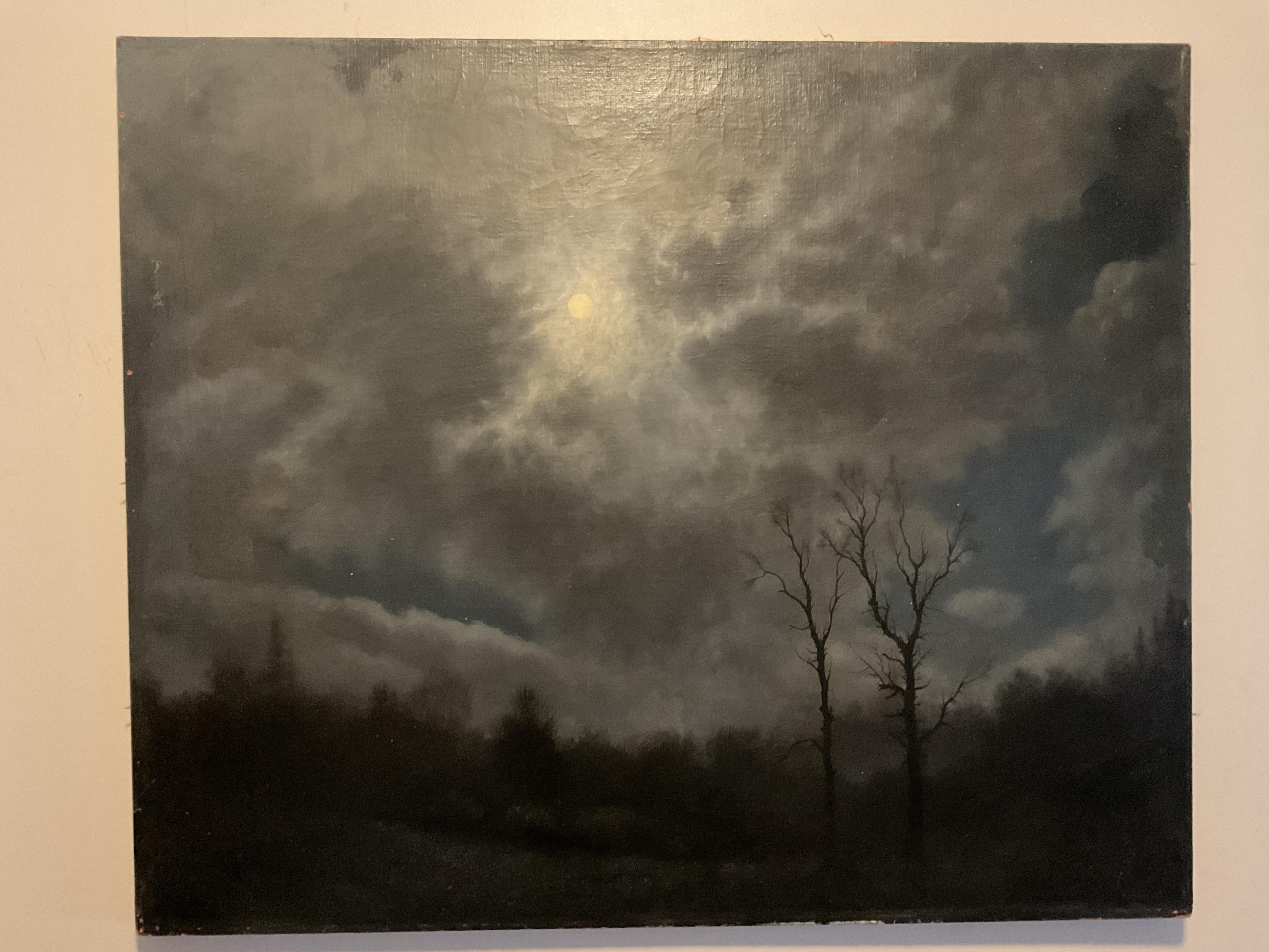 Moonlight Sattel River New Jersey Öl auf Leinwand Nocturne, datiert 1954