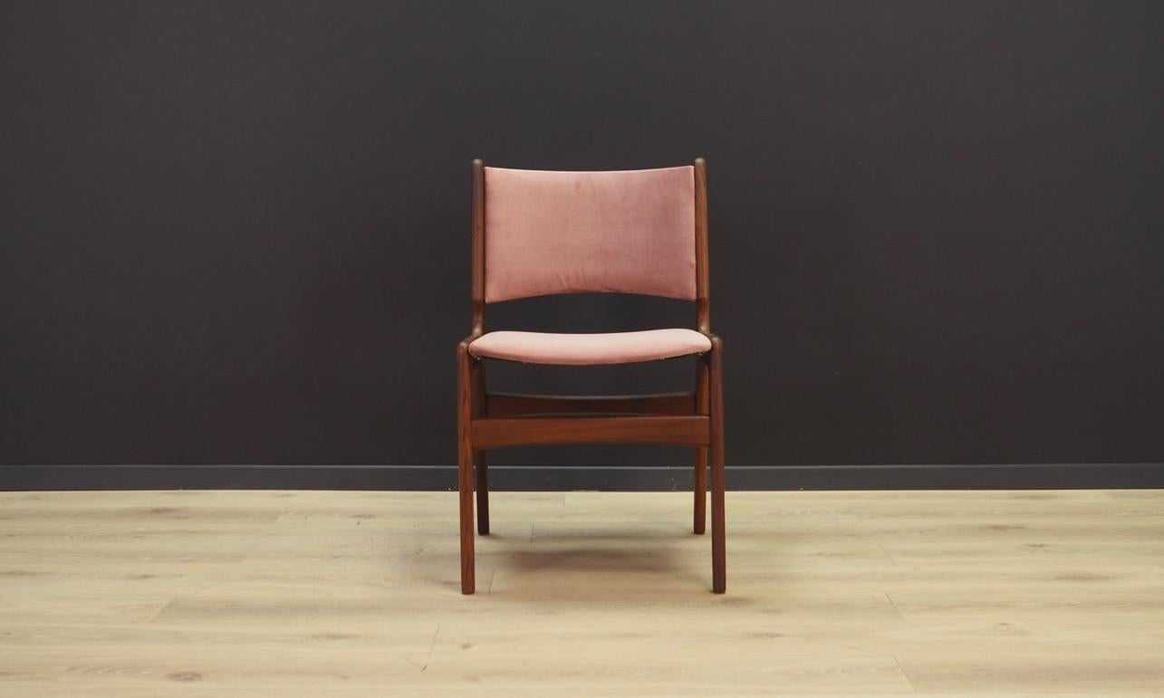 A set of six chairs from the 1960s-1970s. Scandinavian design - Minimalist form. Designed by Henning Kjaernulf. New upholstery made of velour in pink, construction made of solid teak wood. Maintained in good condition (minor bruises and scratches) -