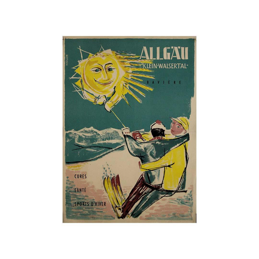This joyful and expressive original travel poster, created circa 1950 by artist H. Koller, invites viewers to the stunning alpine region of Allgäu and the Kleinwalsertal valley, nestled in the Bavarian Alps. Combining humor, energy, and charm, the