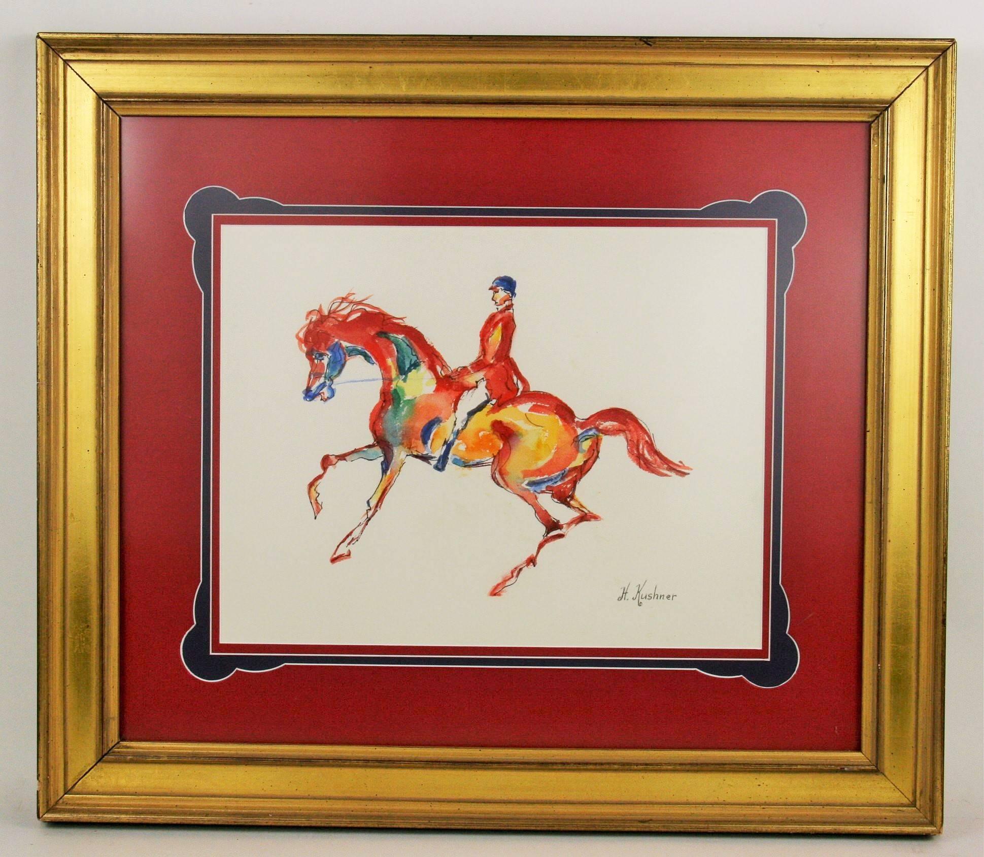 H. Krushner Animal Painting - Surreal  Red Horse Figural  Equestrian Painting 