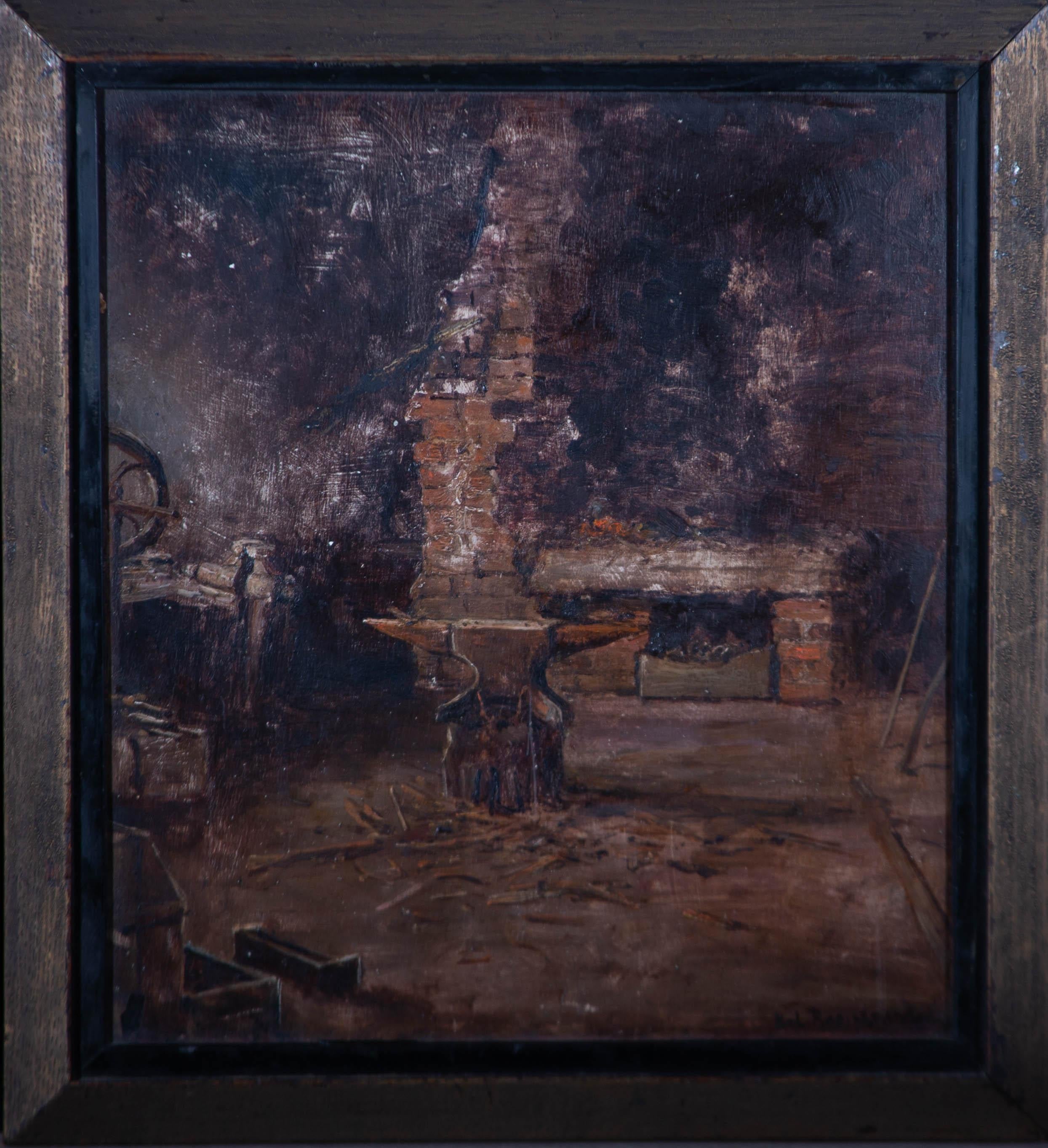 Une scène d'intérieur à l'huile inhabituellement stylisée montrant une forge rustique à Weeton, dans le Yorkshire. L'artiste a obtenu l'éclairage naturaliste d'une pièce éclairée par la lumière du jour provenant d'une fenêtre invisible et la lueur