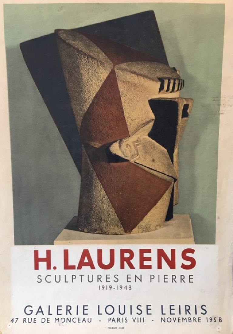 Original vintage exhibition poster advertising the work of Henri Laurens in 1958, at the fine art gallery, Galerie Louise Leiris, which was established in 1920.