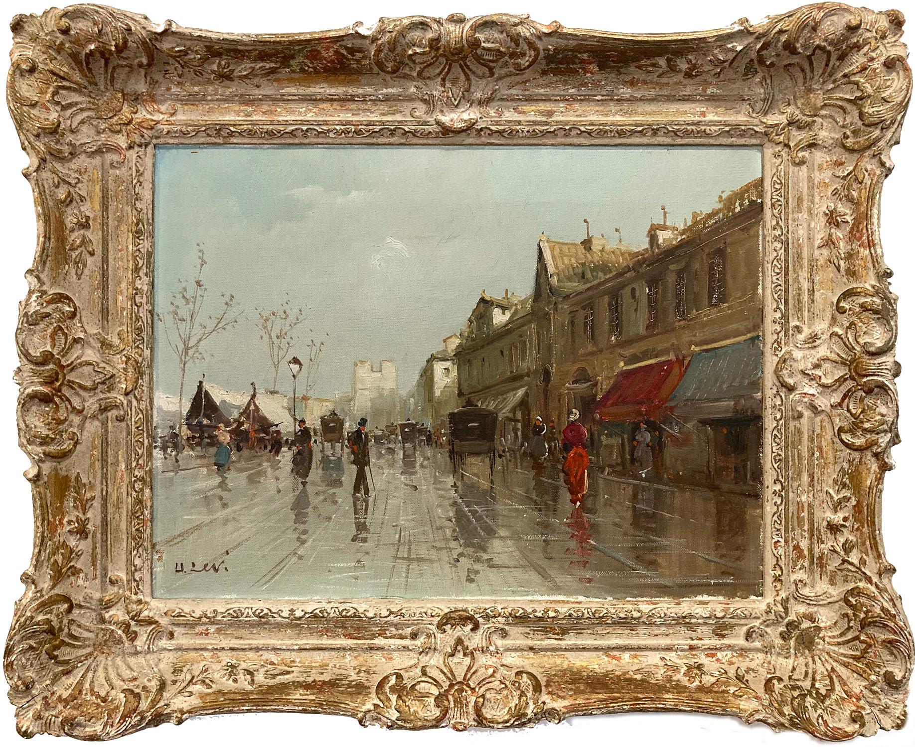 H. Levi  Figurative Painting - "Notre Dam Parisian Street Scene" Post-Impressionist Oil Paint on Canvas