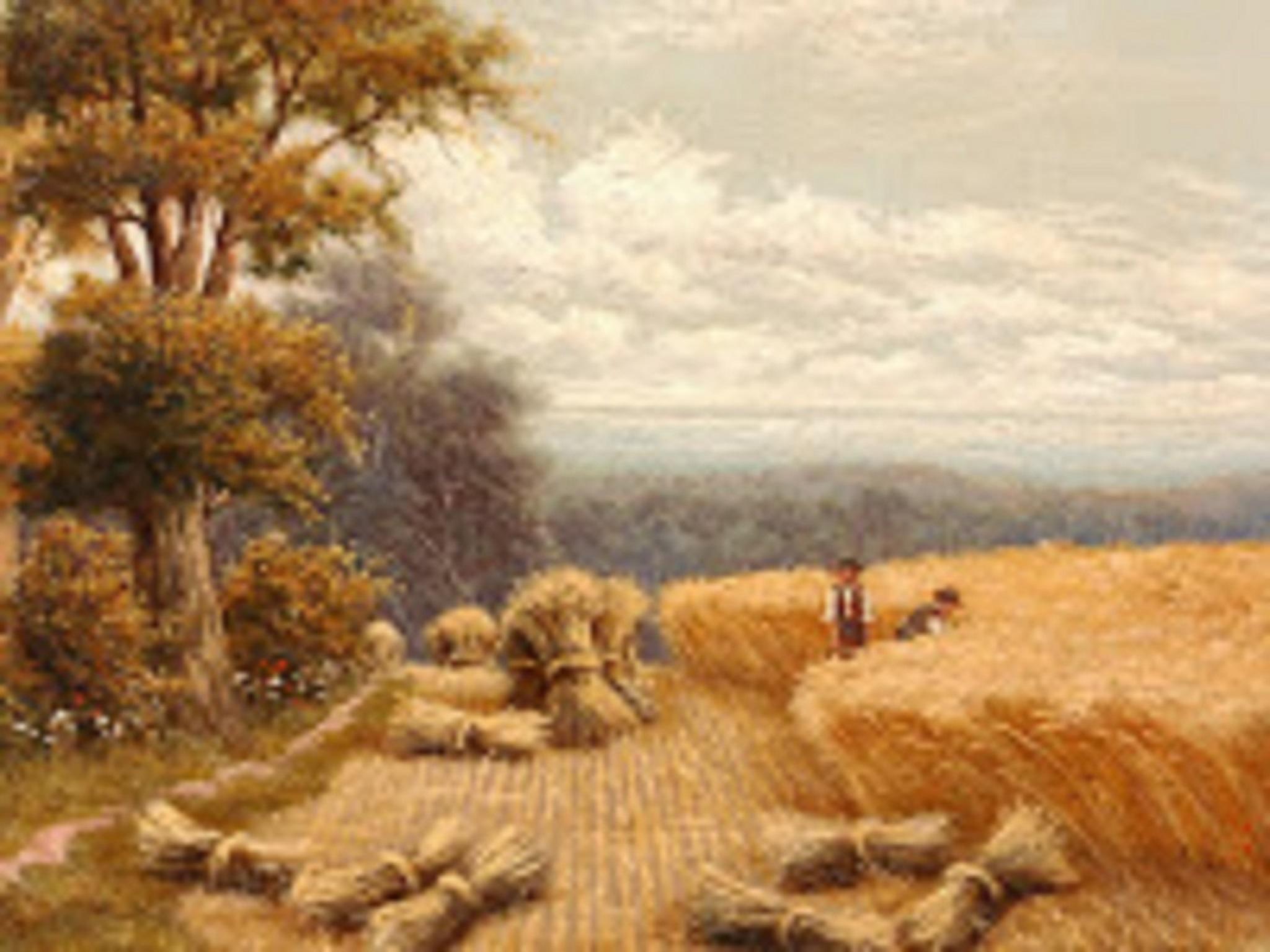 Charming Horace Mann Livens painting shows two hatted farmers harvesting hay.
Golden sheaves of wheat are balanced by the trees at edge of field.

Note: H. Livens is credited with the first recorded painting  of Van Gogh, who was a fellow student at