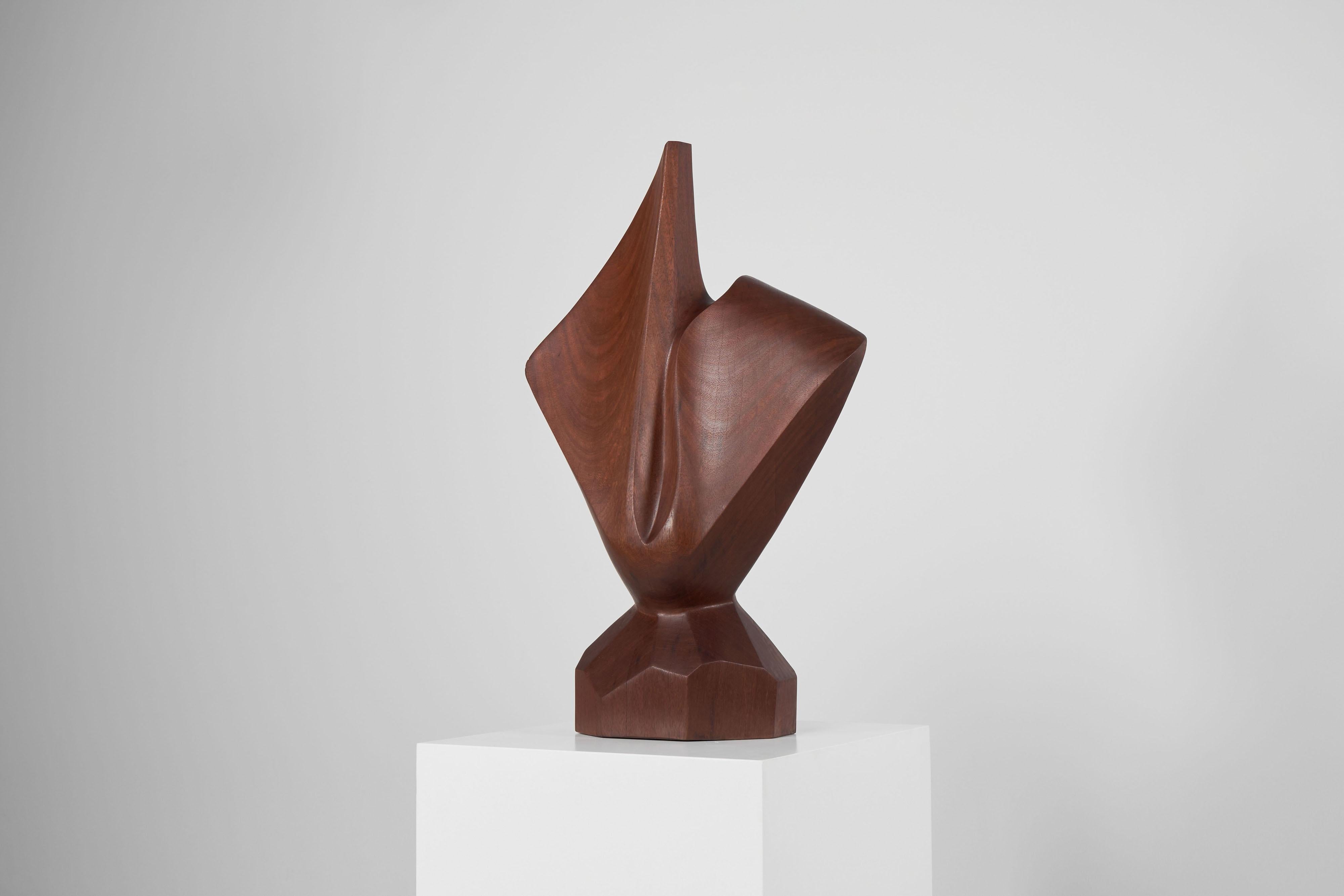 Hardwood H Louis Noel abstract kambala sculpture Belgium 1989 For Sale