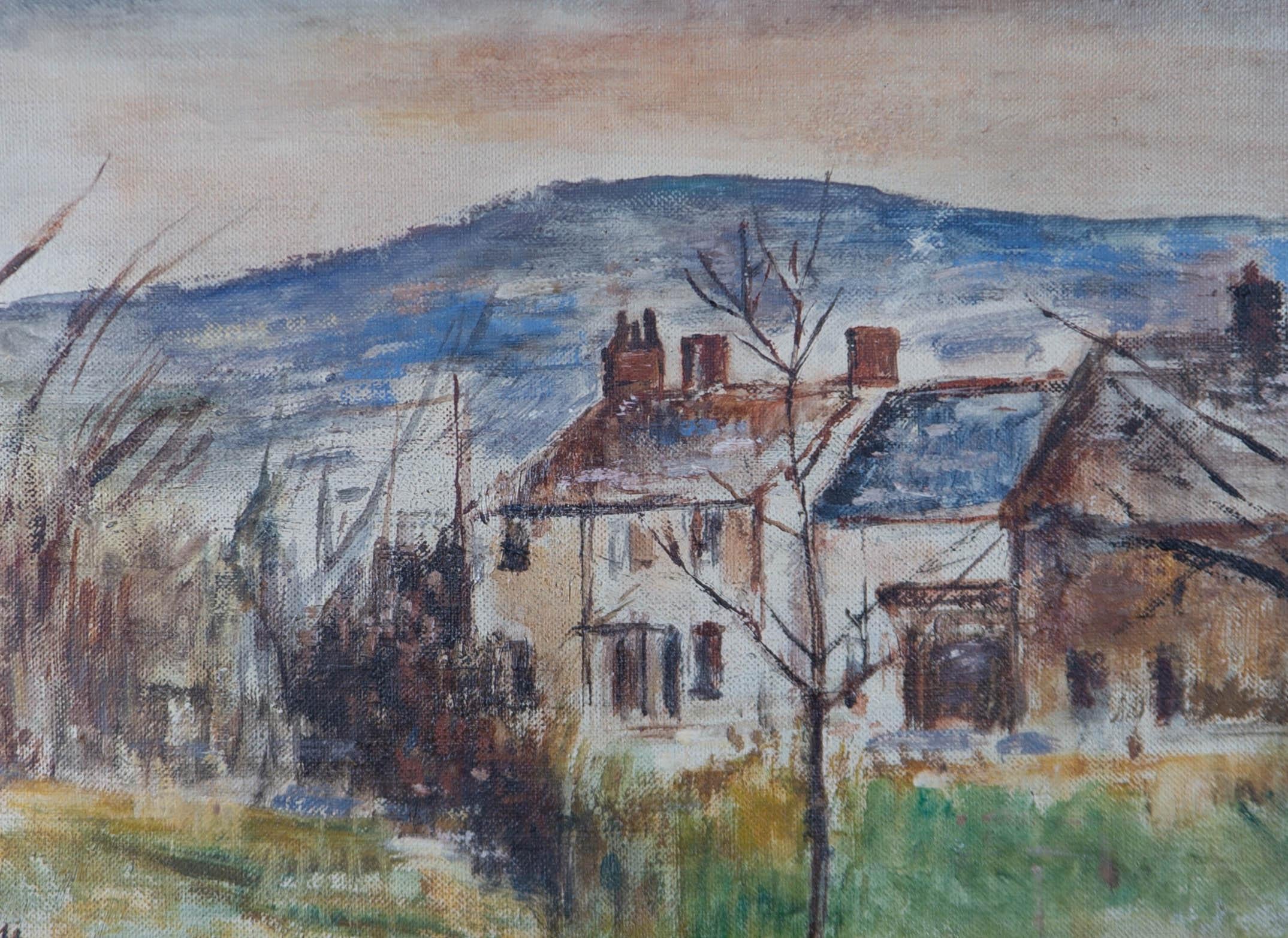 A charming mid 20th century oil painting, depicting a landscape scene with a row of houses in the background. Monogrammed to the lower left-hand corner. The artist's name is inscribed on the reverse. Presented in a distressed painted frame with