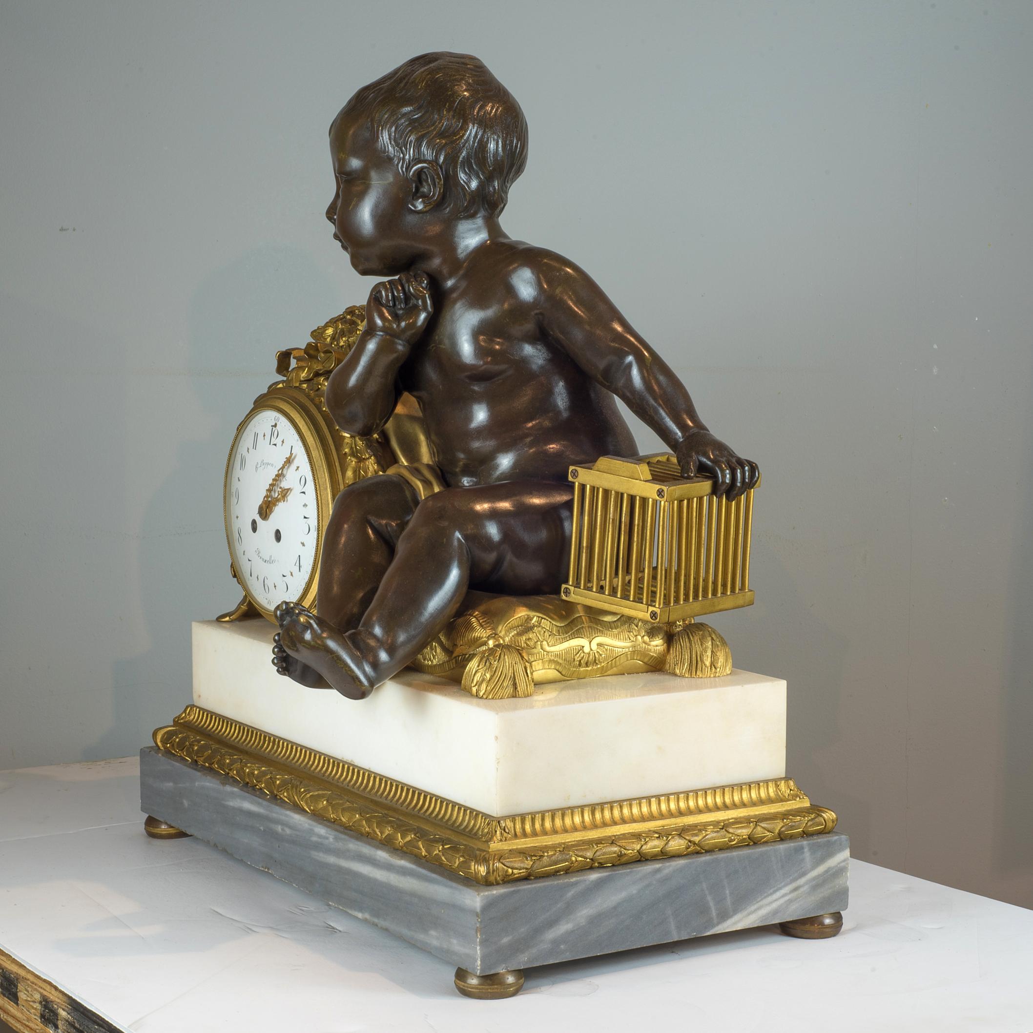 A fabulous ormolu-mounted and patinated bronze white and blue turquin marble three-piece clock set of putti. Comprising a mantel clock and a pair of five-light candelabras molded with putti. The clock with a seated putto and open birdcage after the