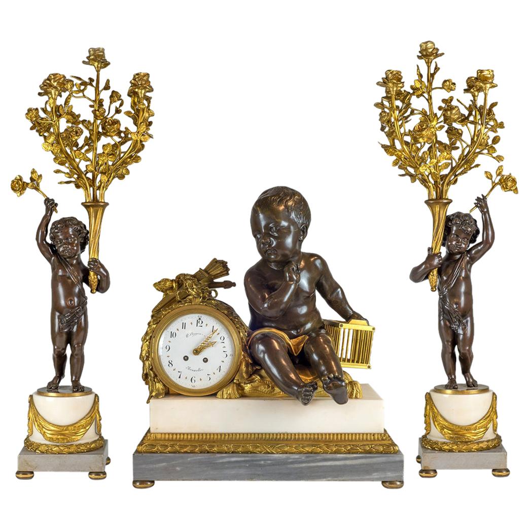 H. Luppen & Cie, Bronze and Marble Three-Piece Mantel Clock Set For Sale