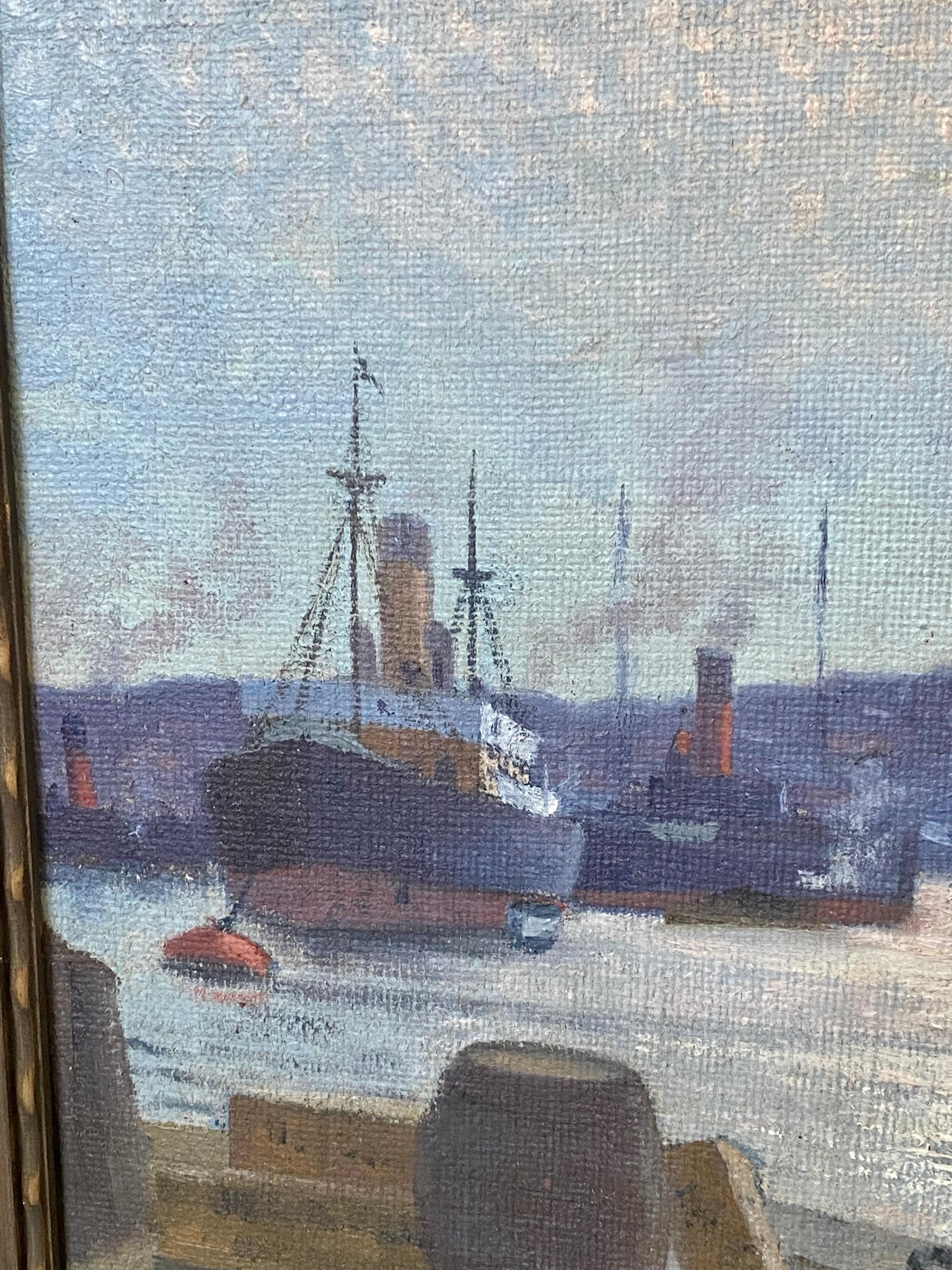 Sunrise above the sea port - Scandinavian pointillism painting - ca.  1930s For Sale 1