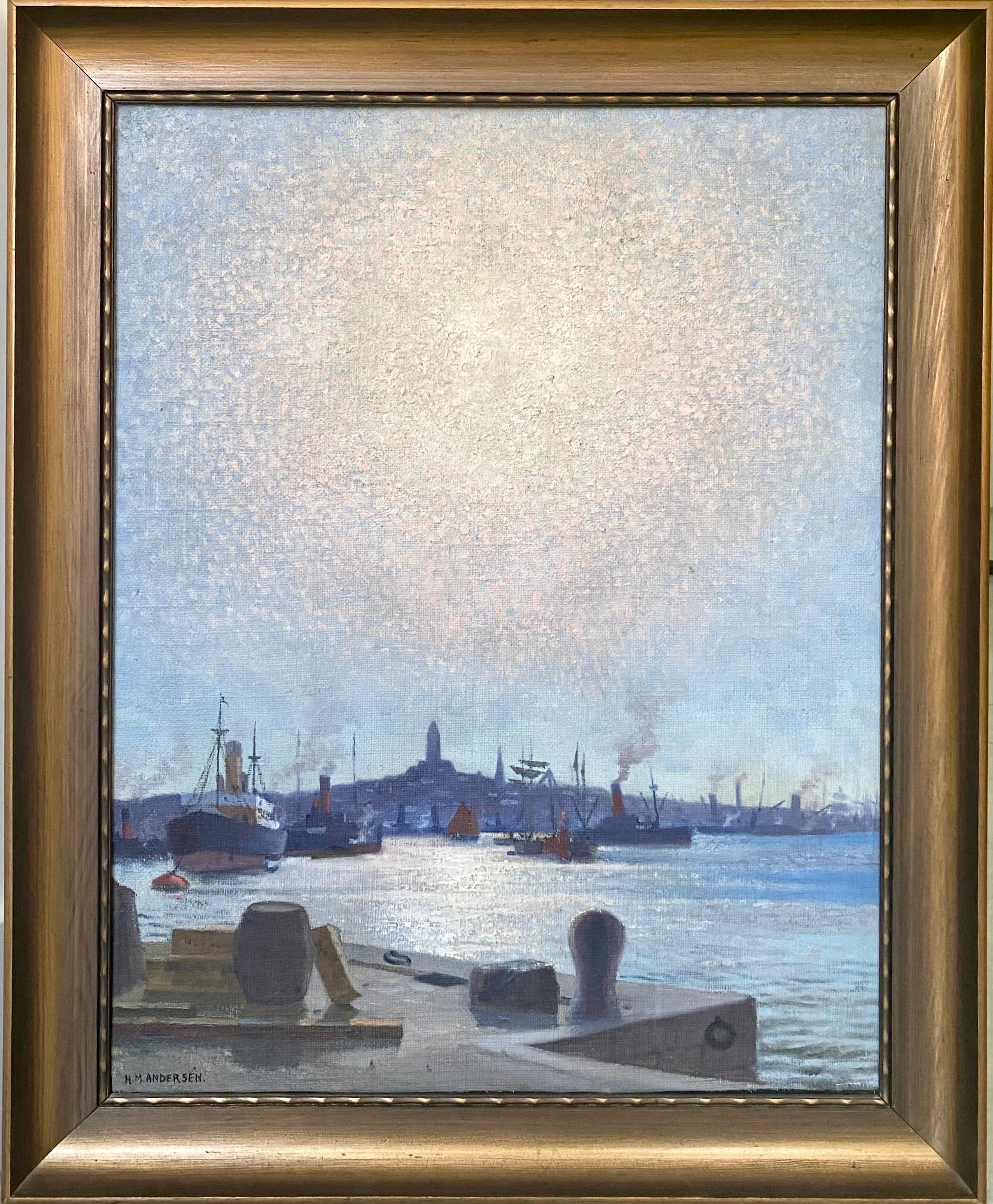 H. M. Andersén Landscape Painting – Sonnenaufgang über dem Hafen - skandinavische Pointillismus-Gemälde - ca.  1930s