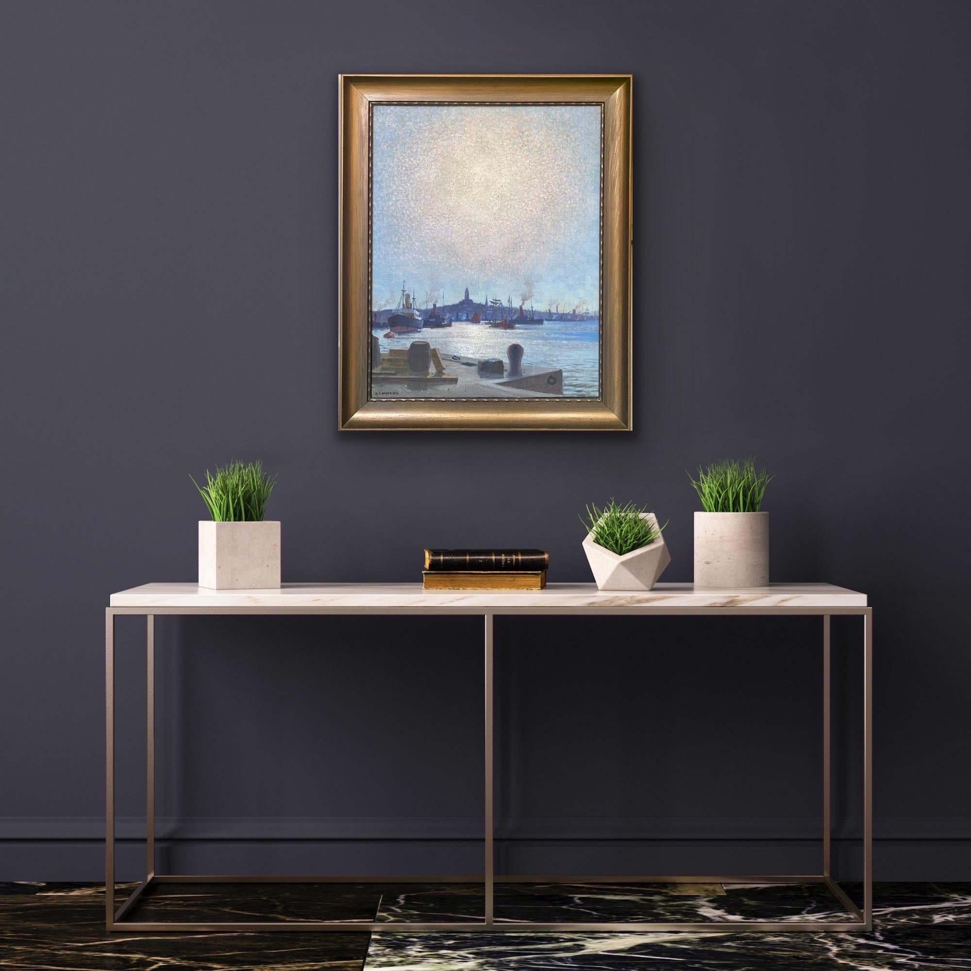 Sunrise above the sea port - Scandinavian pointillism painting - Early 1900s - Painting by H. M. Andersén