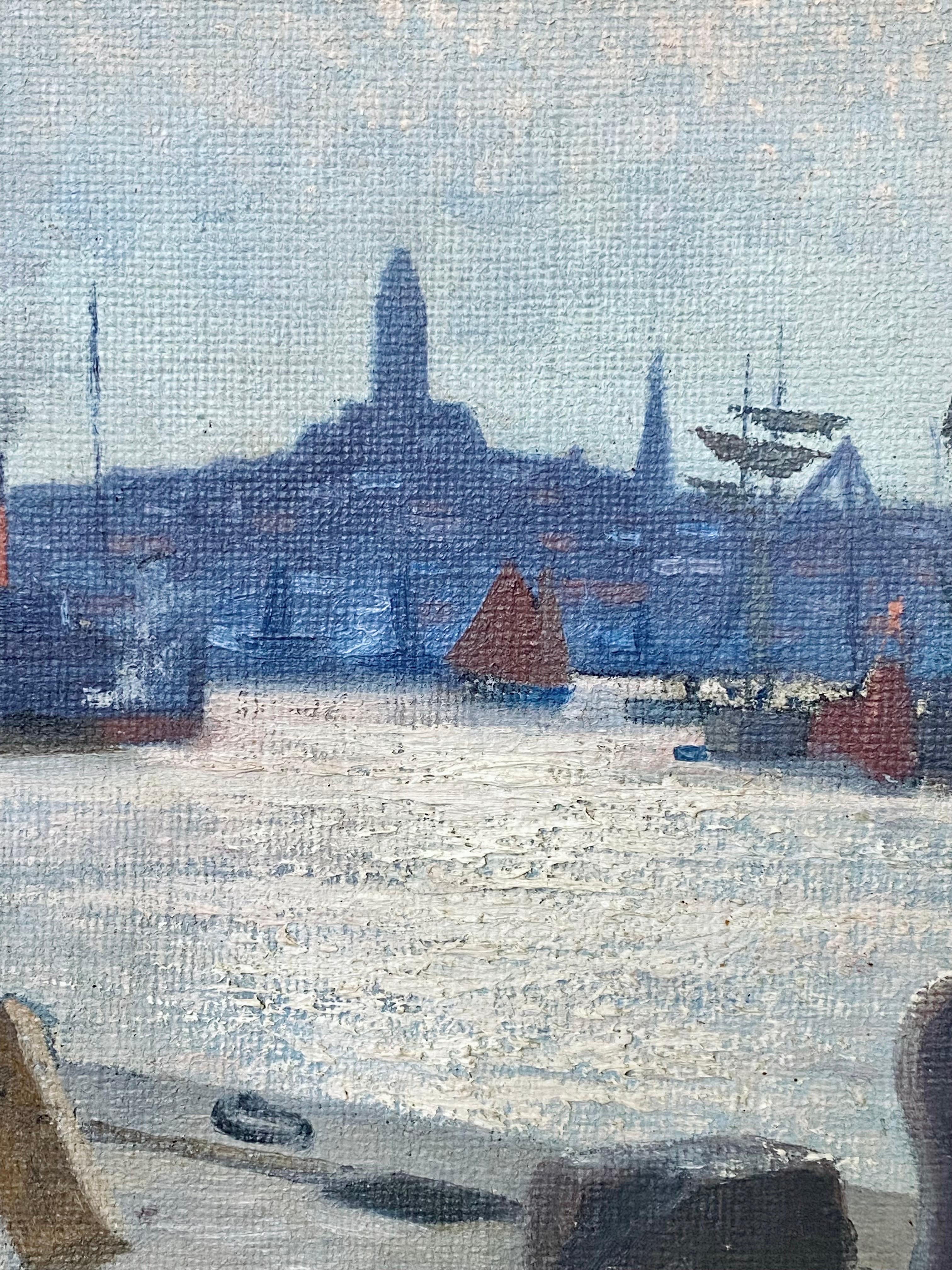 Sonnenaufgang über dem Hafen – skandinavische Pointillismus-Gemälde – Anfang 1900 (Grau), Landscape Painting, von H. M. Andersén