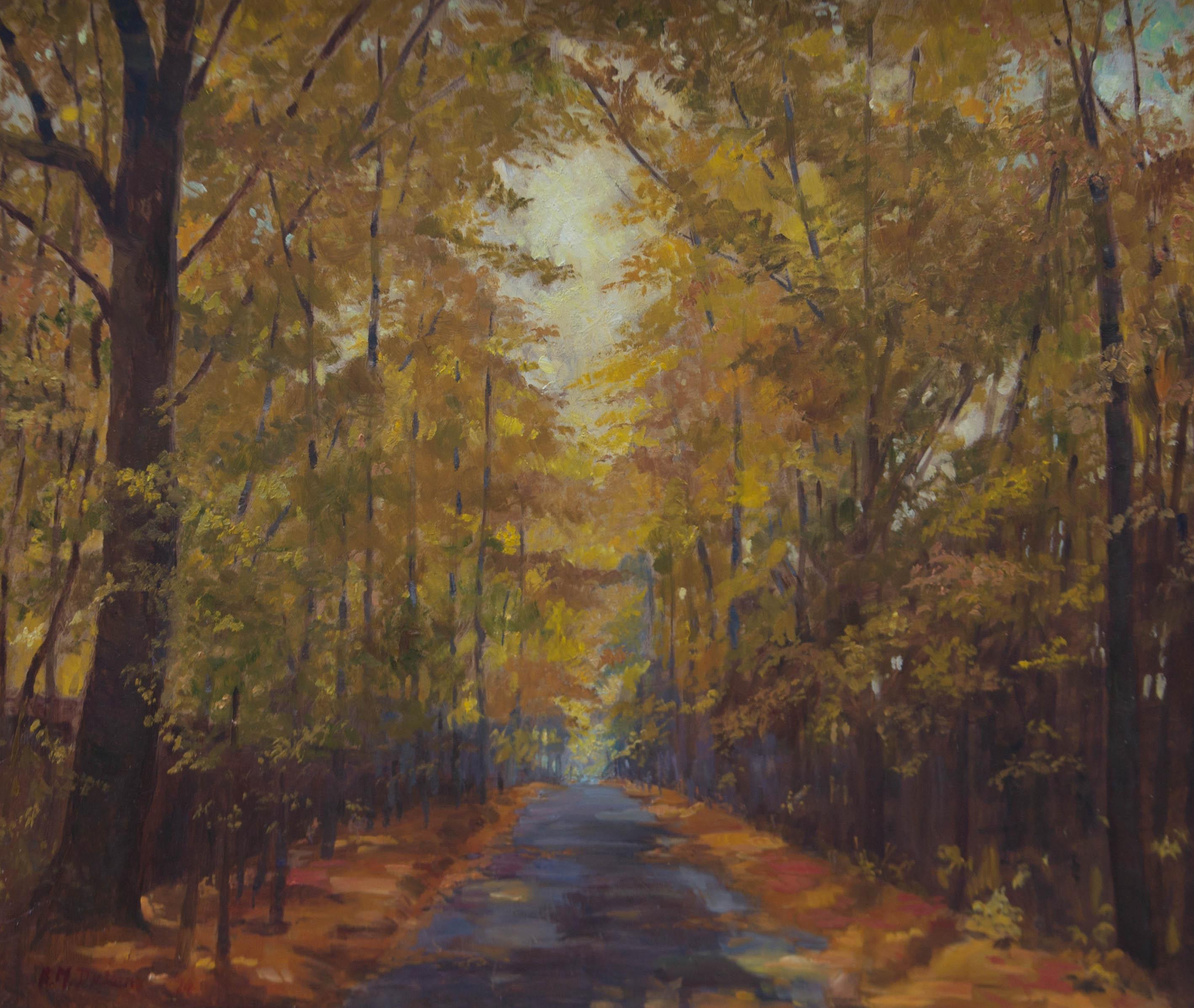 The sun gleams through autumnal trees in this fine oil study.

Signed.

Well presented in a molded wood frame with a linen slip.

On Board.