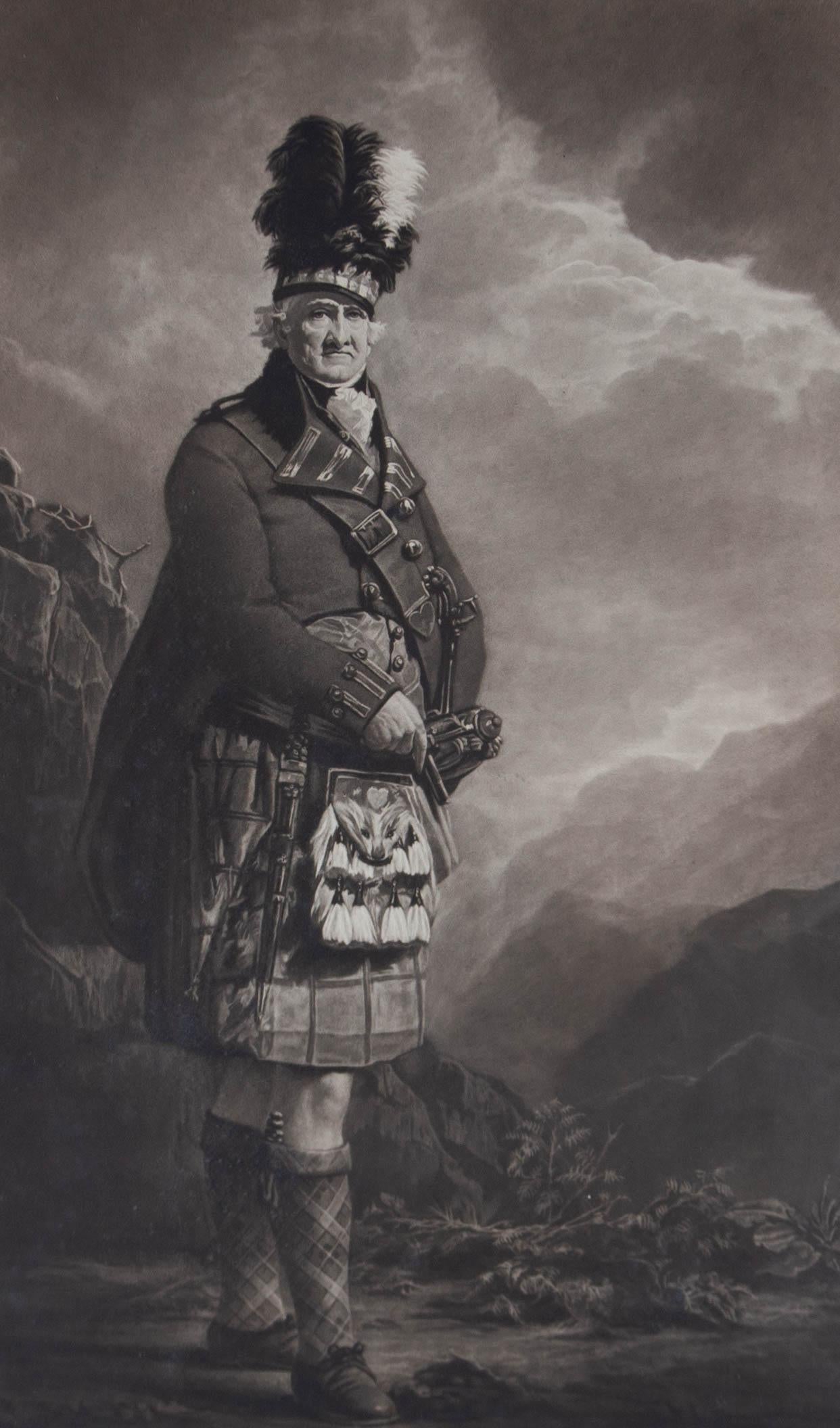 A mezzotint after Sir Henry Raeburn RA RSA FRSE's (1756-1823) oil portrait 'The MacNab' (1802), depicting Francis Macnab ('The Macnab'), 12th Laird of Macnab (1734-1816). Presented glazed in a cream wash line mount and a black wooden frame.