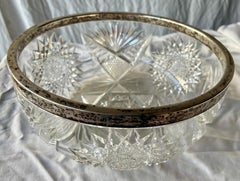 H. Meyen German 800 Silver Rimmed Deeply Brilliant Cut Glass Round Center Bowl